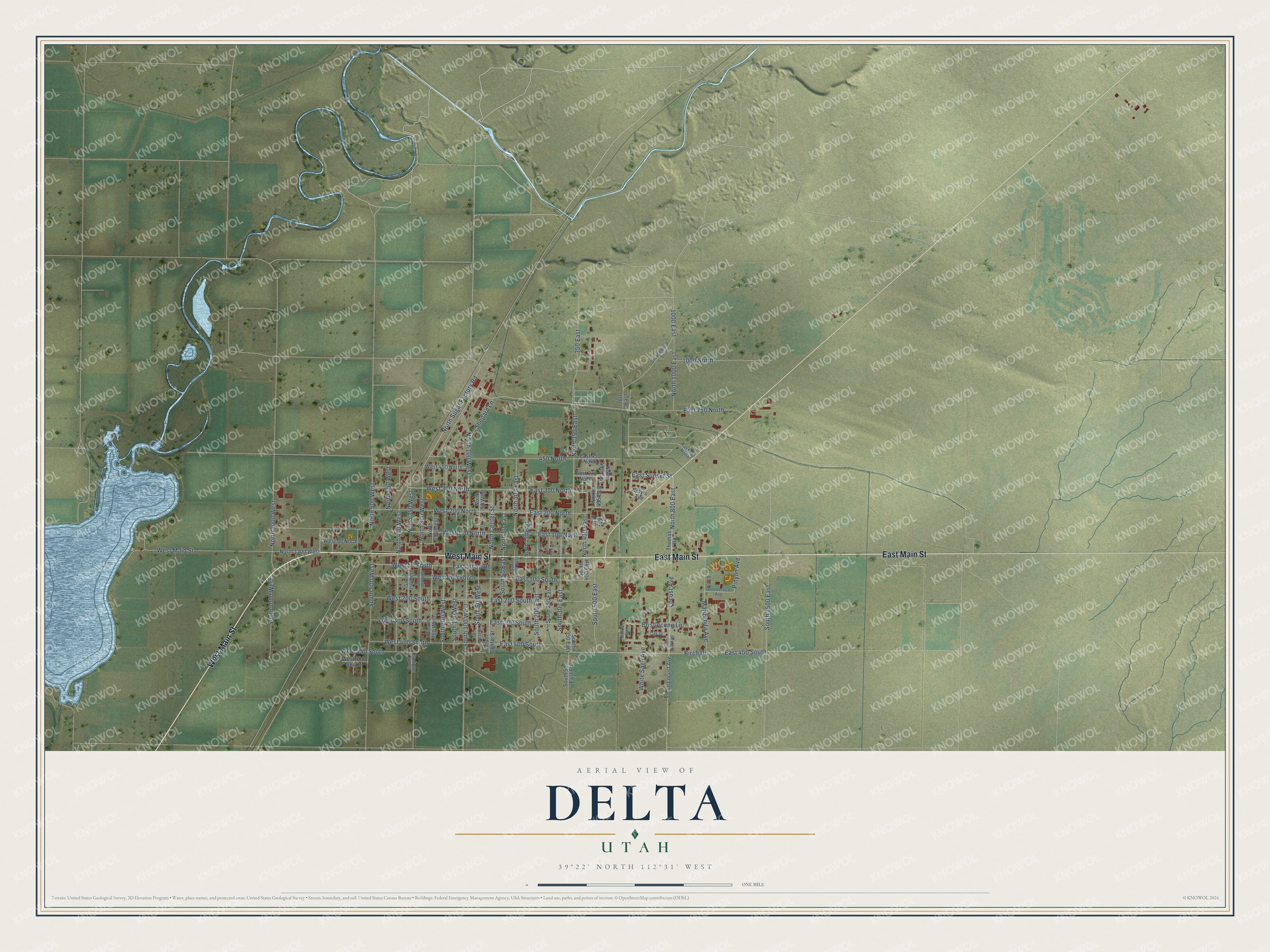 Full map of Delta, Utah, with red buildings, printed street names and the land around them