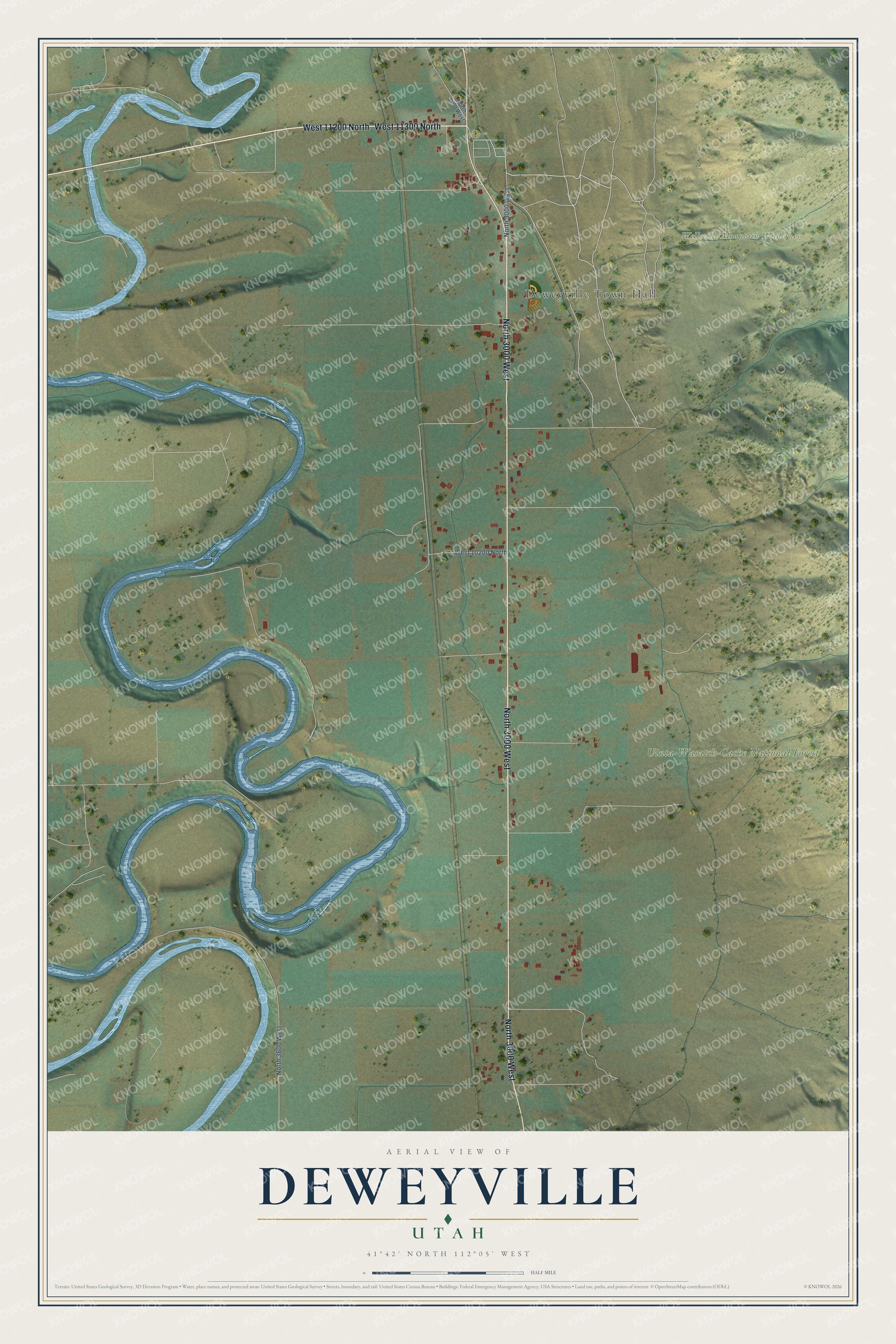 Full map of Deweyville, Utah, with red buildings, printed street names and the land around them