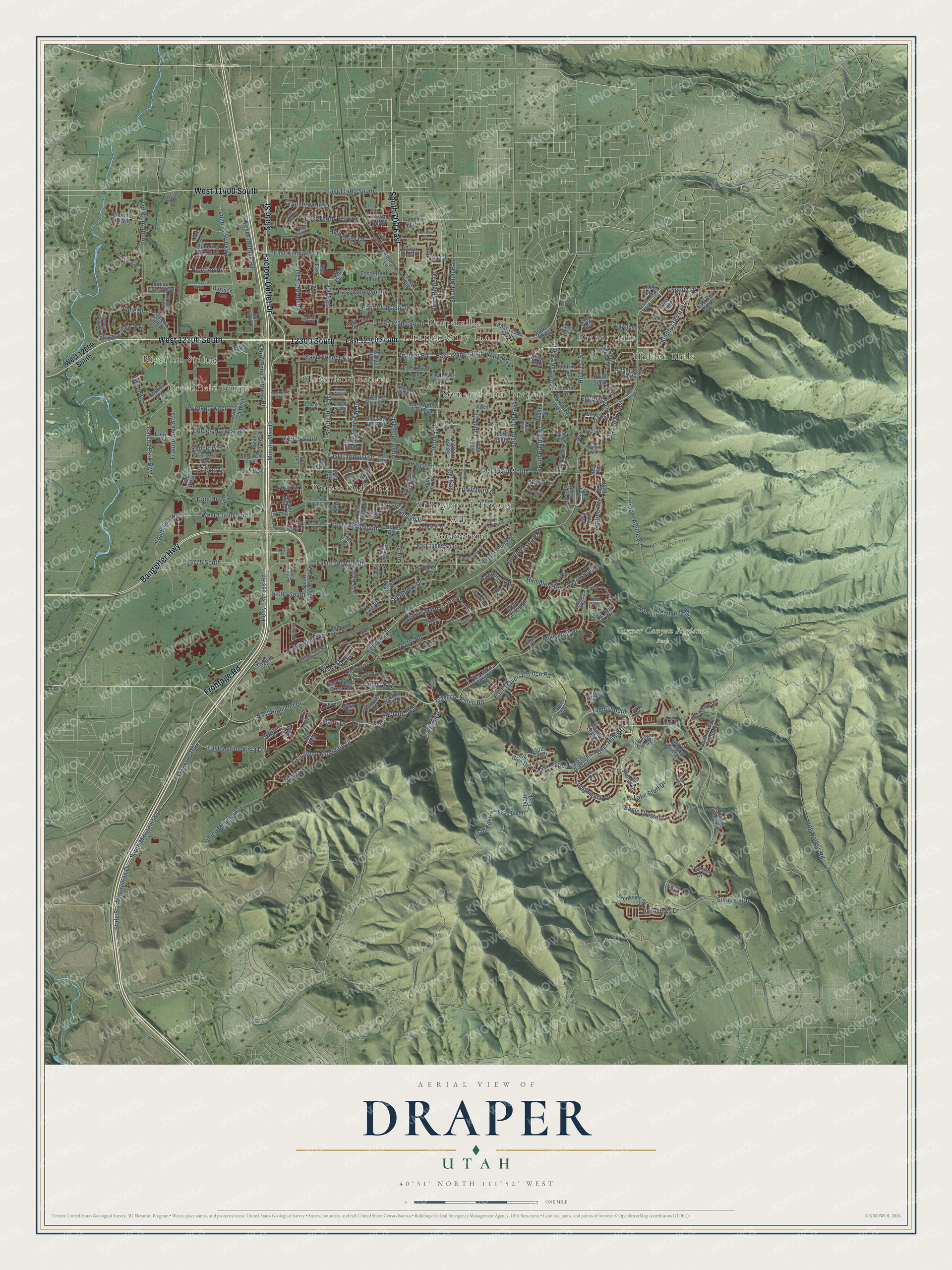Full map of Draper, Utah, with red buildings, printed street names and the land around them