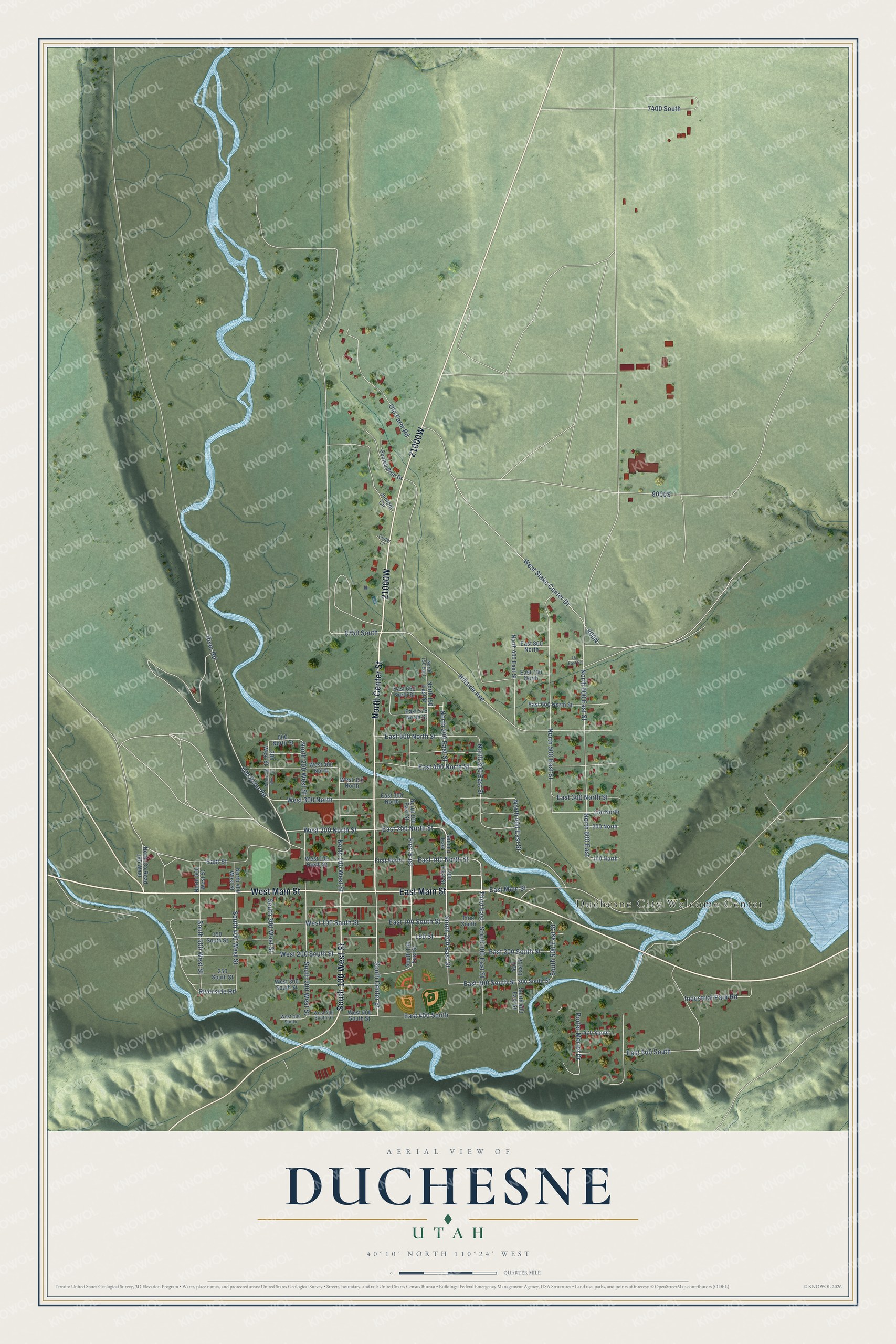 Full map of Duchesne, Utah, with red buildings, printed street names and the land around them