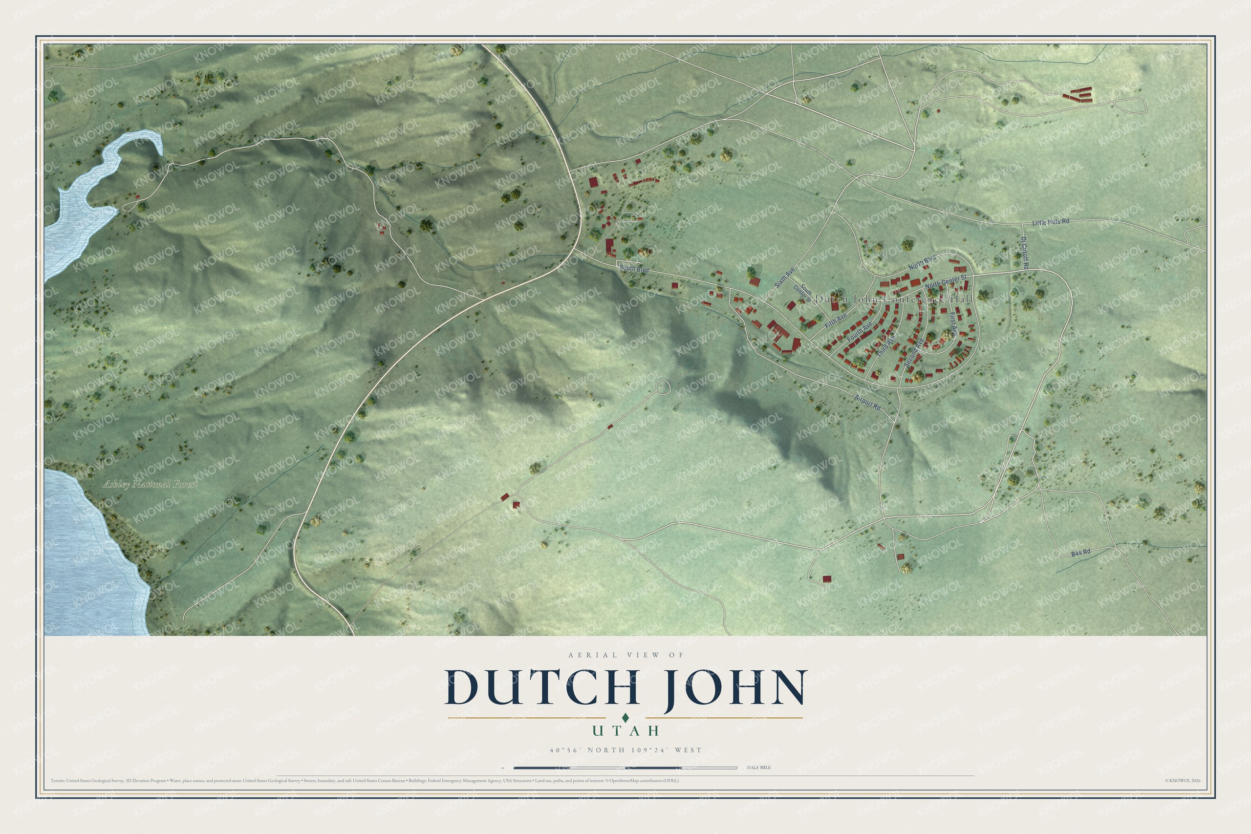 Full map of Dutch John, Utah, with red buildings, printed street names and the land around them