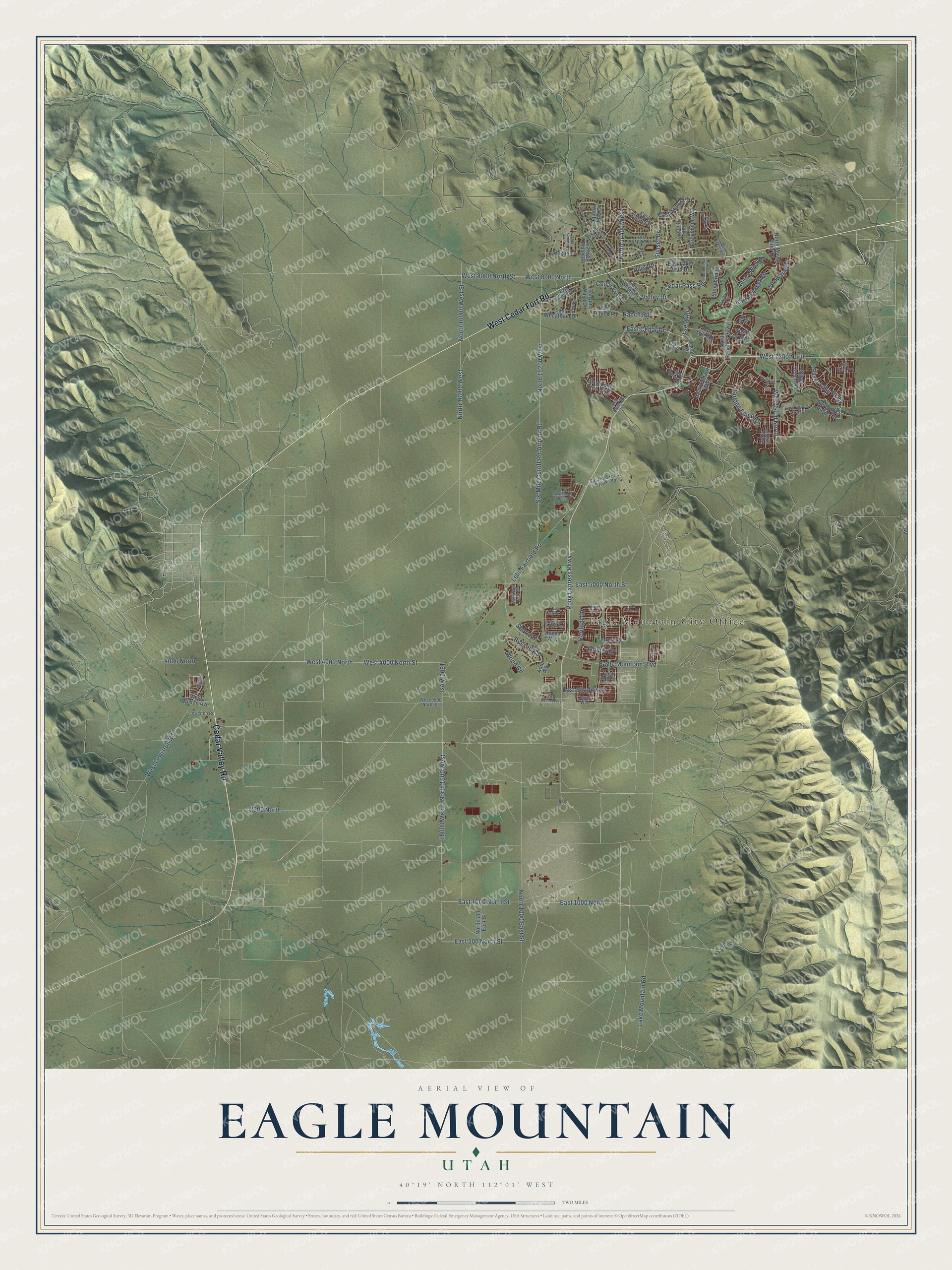 Full map of Eagle Mountain, Utah, with red buildings, printed street names and the land around them