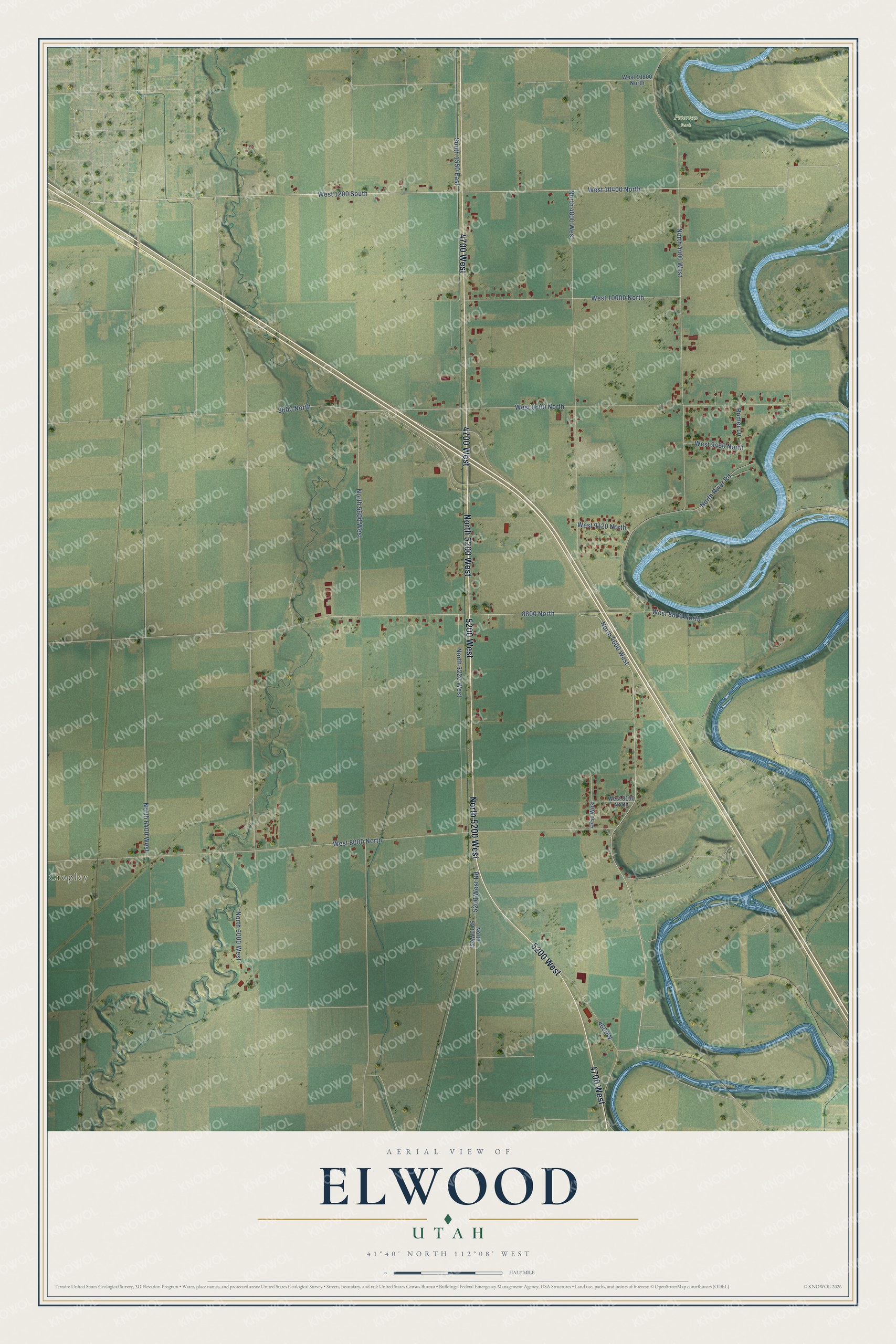 Full map of Elwood, Utah, with red buildings, printed street names and the land around them