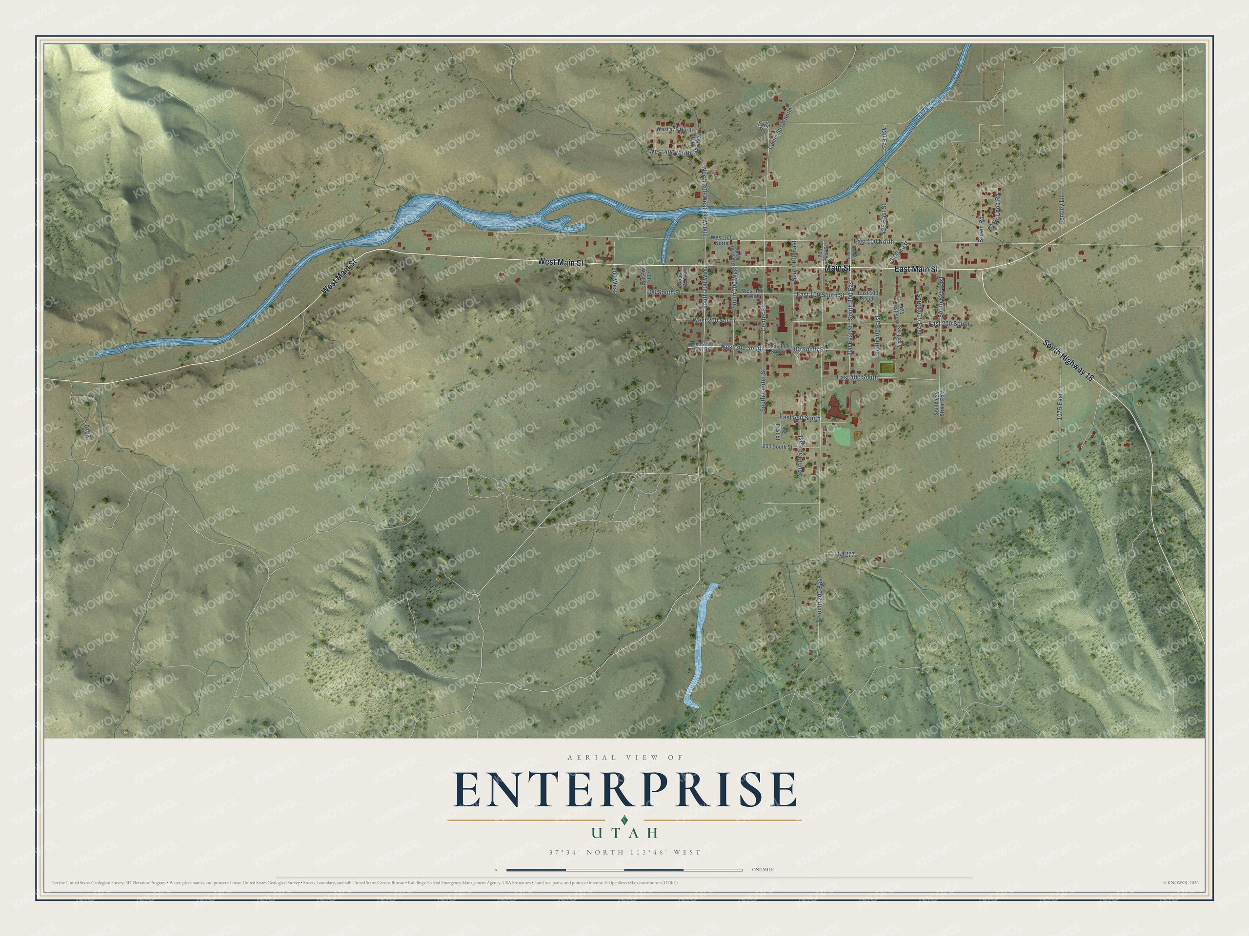 Full map of Enterprise, Utah, with red buildings, printed street names and the land around them
