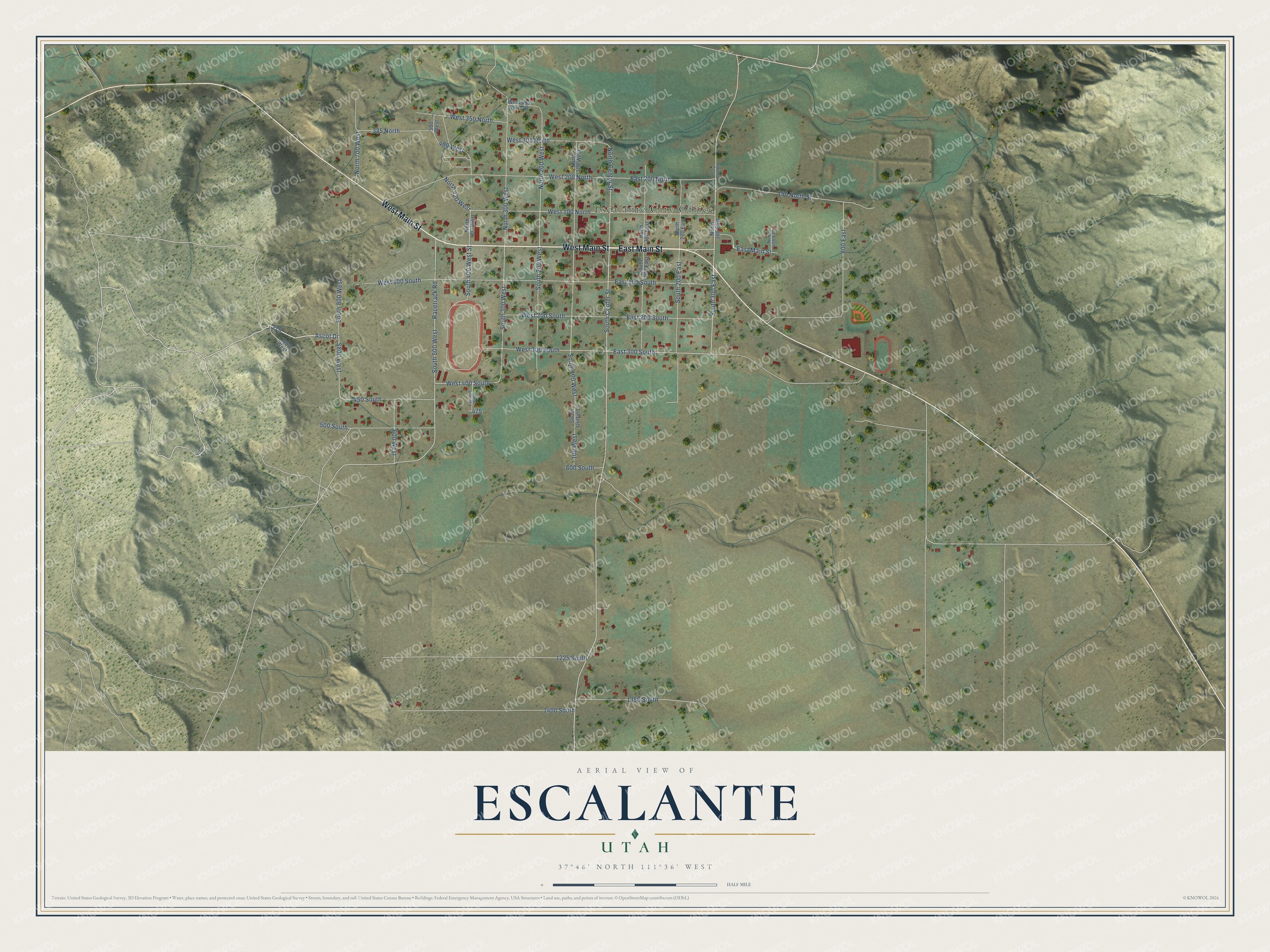 Full map of Escalante, Utah, with red buildings, printed street names and the land around them