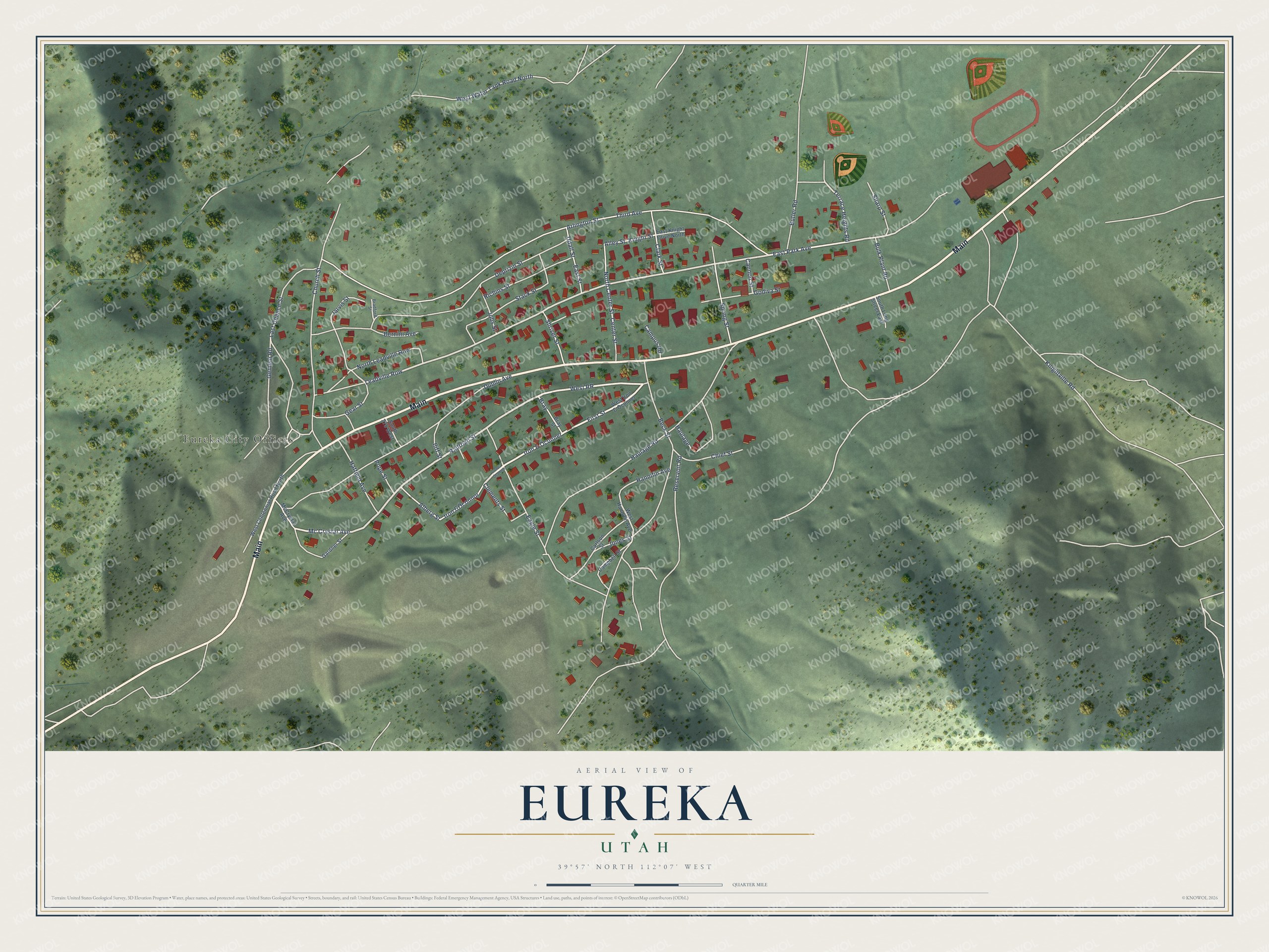 Full map of Eureka, Utah, with red buildings, printed street names and the land around them