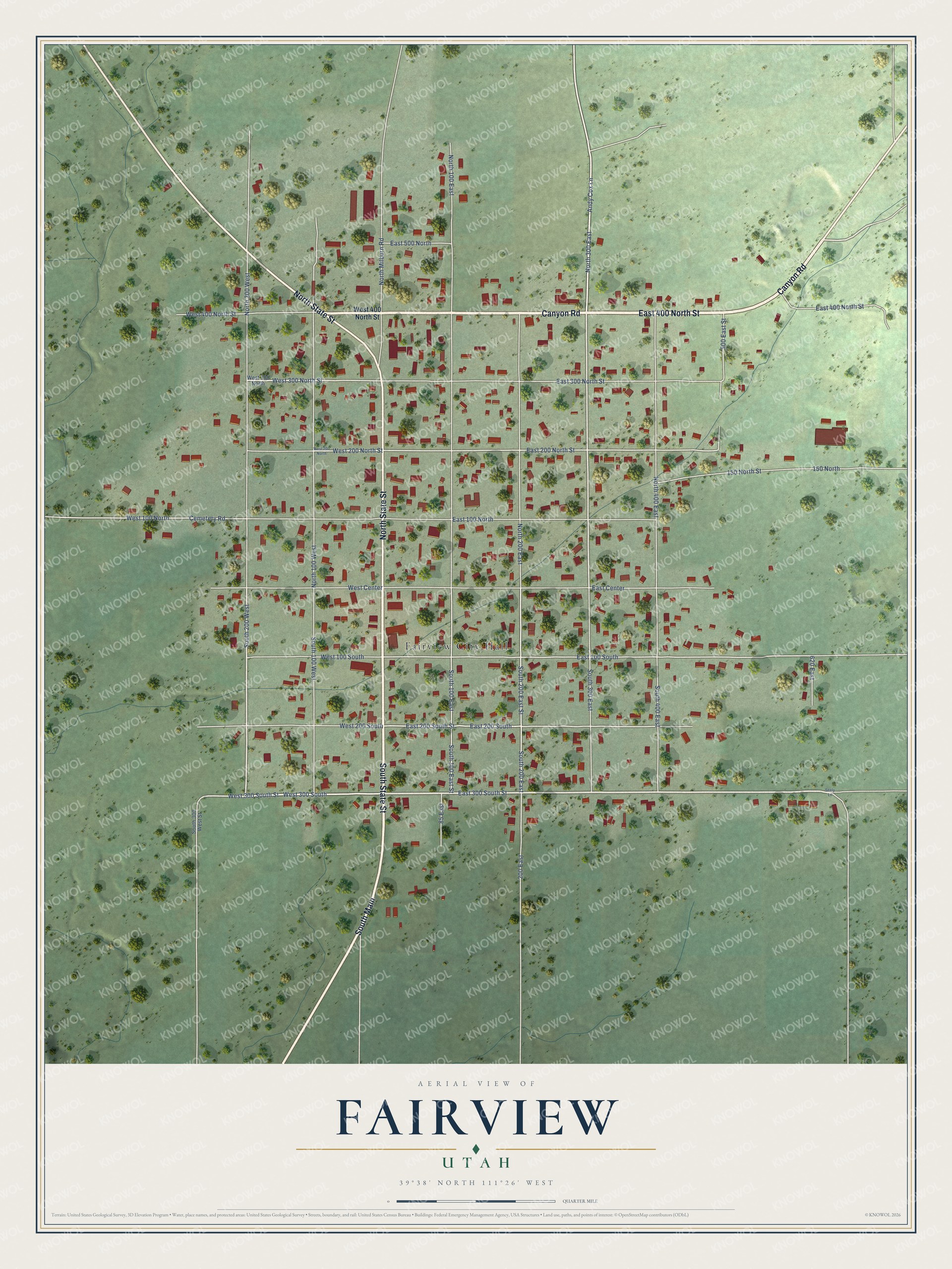 Full map of Fairview, Utah, with red buildings, printed street names and the land around them