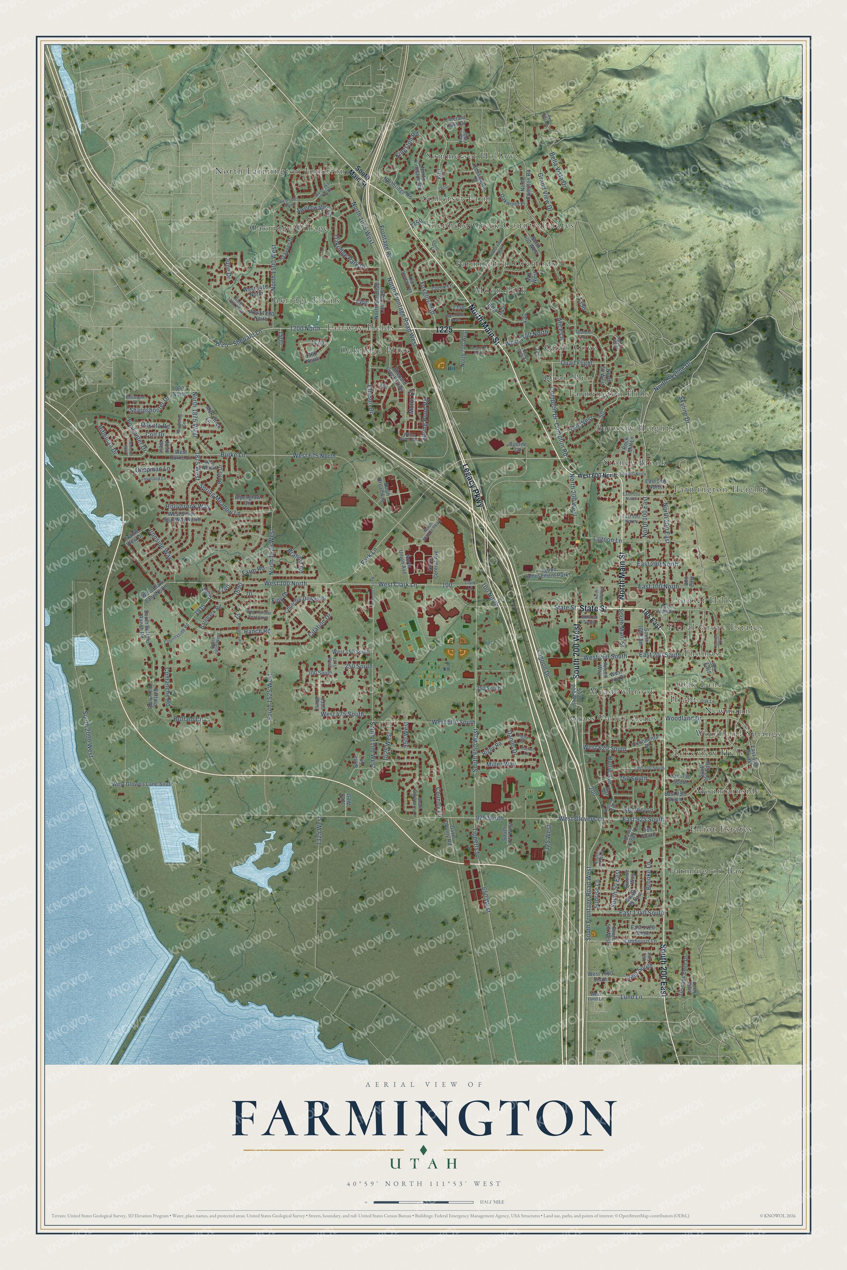 Full map of Farmington, Utah, with red buildings, printed street names and the land around them