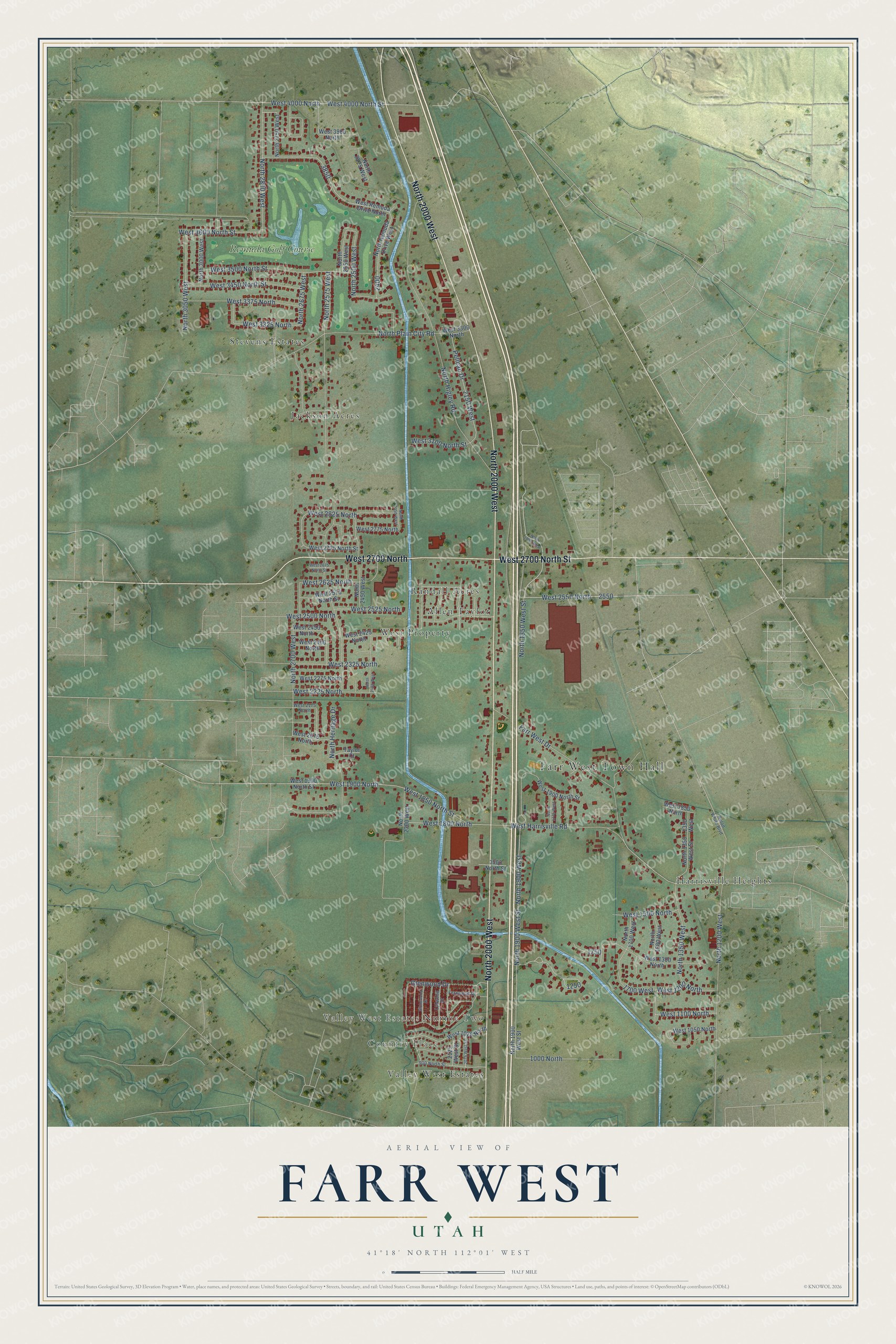Full map of Farr West, Utah, with red buildings, printed street names and the land around them