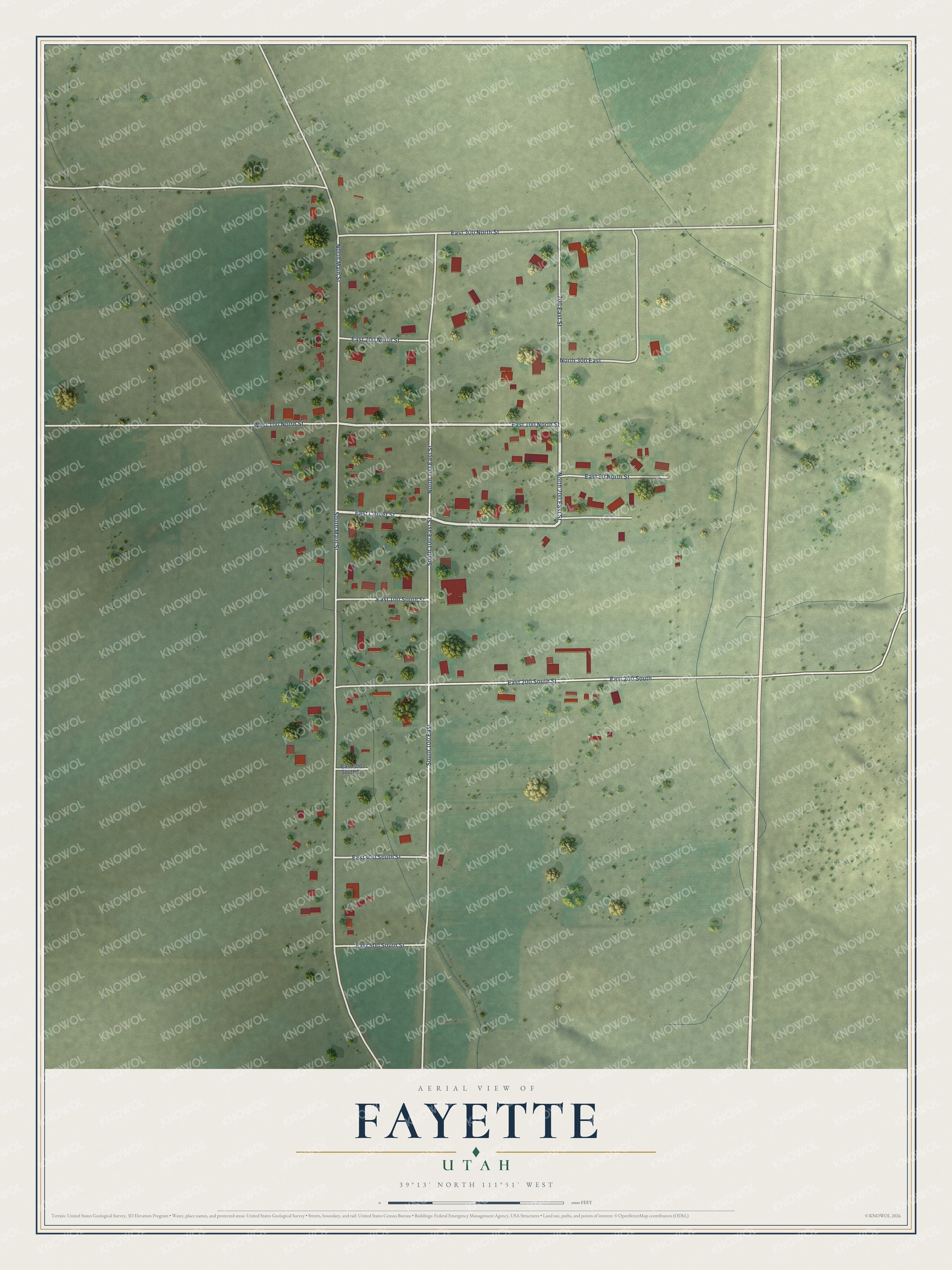 Full map of Fayette, Utah, with red buildings, printed street names and the land around them