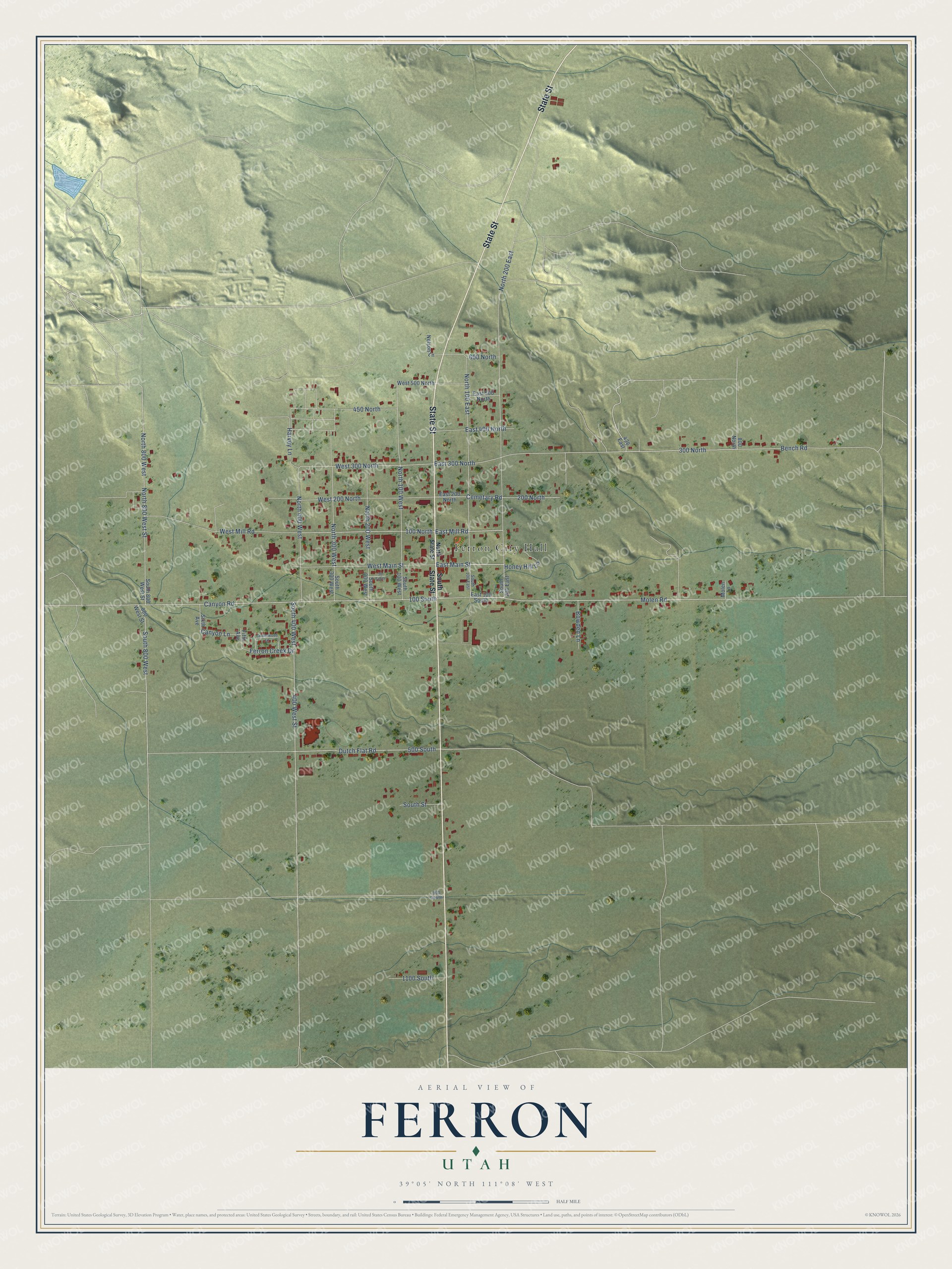 Full map of Ferron, Utah, with red buildings, printed street names and the land around them