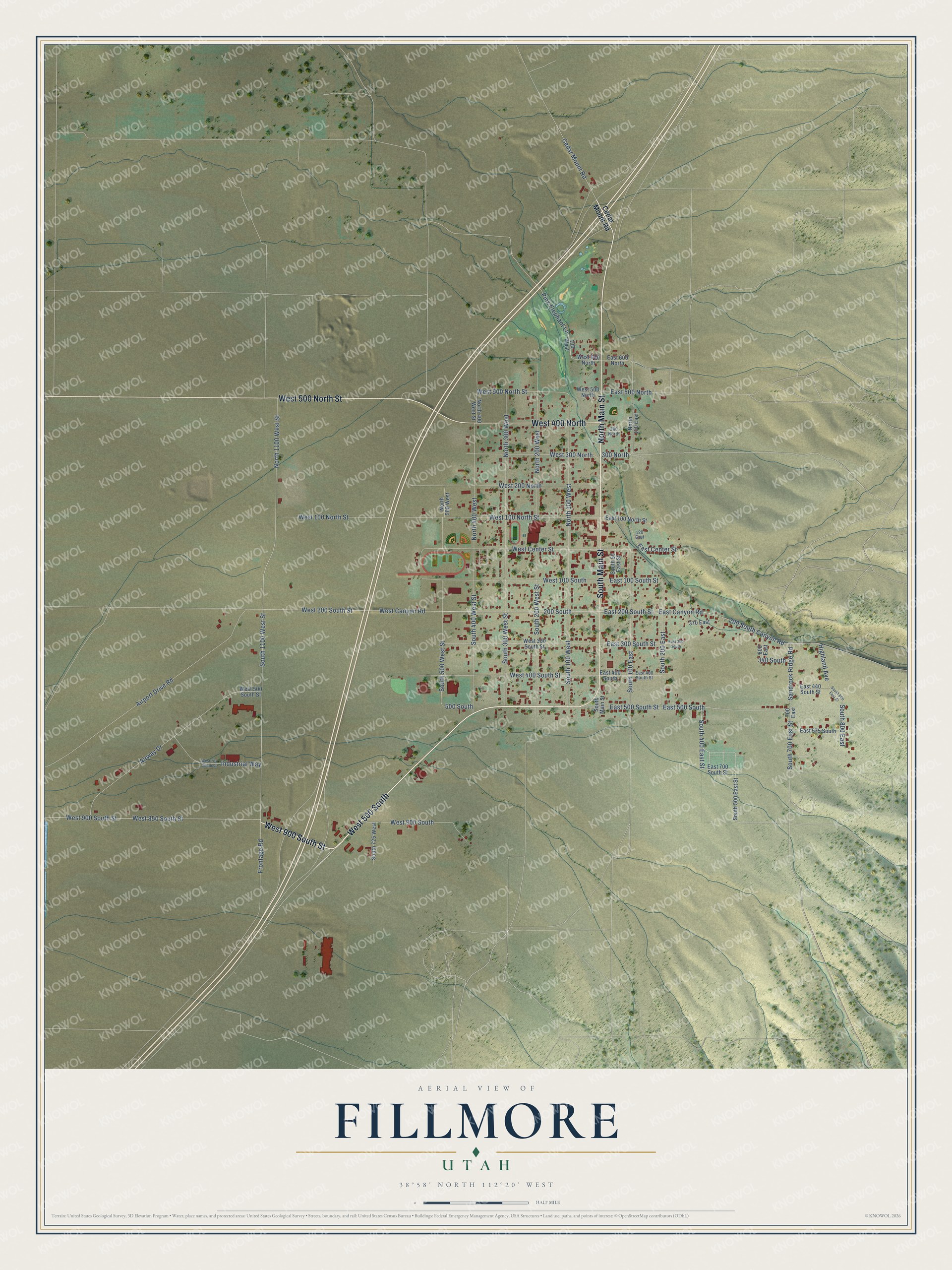 Full map of Fillmore, Utah, with red buildings, printed street names and the land around them