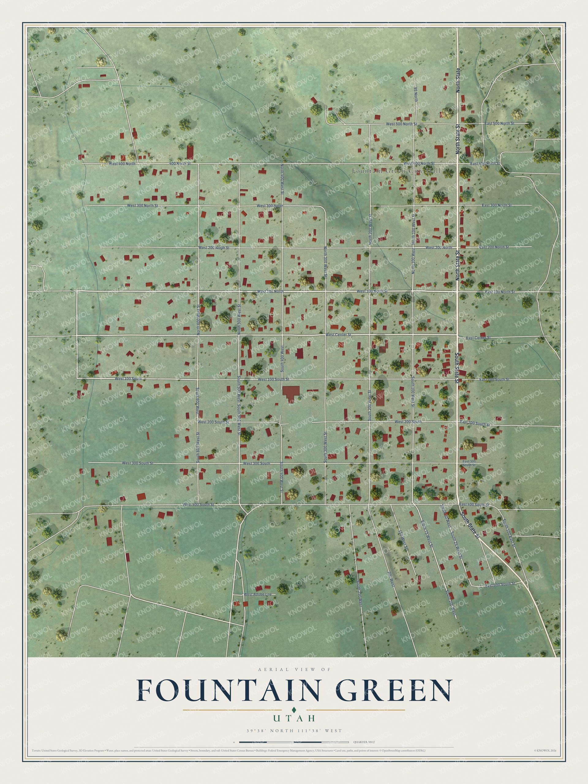 Full map of Fountain Green, Utah, with red buildings, printed street names and the land around them