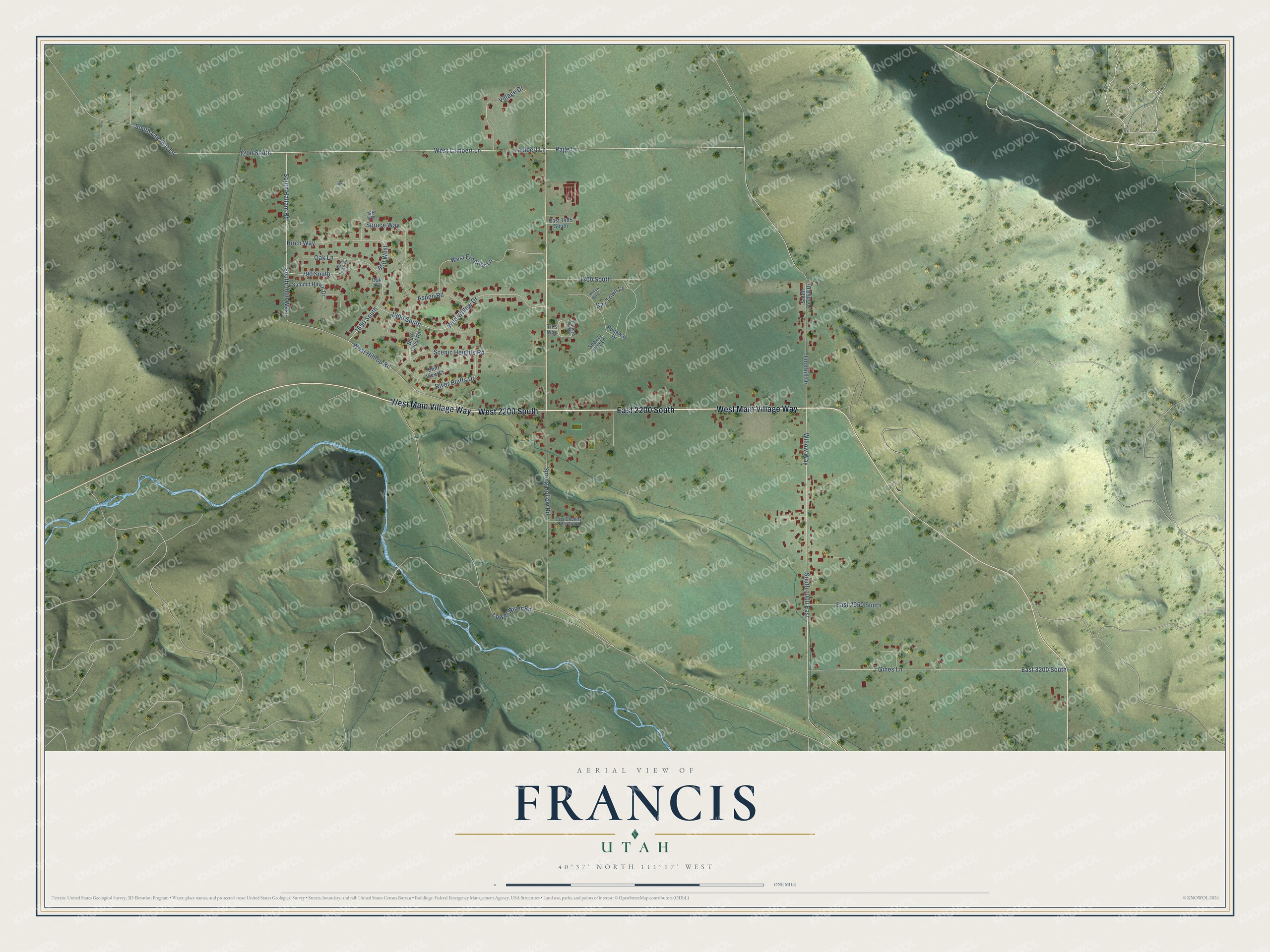 Full map of Francis, Utah, with red buildings, printed street names and the land around them