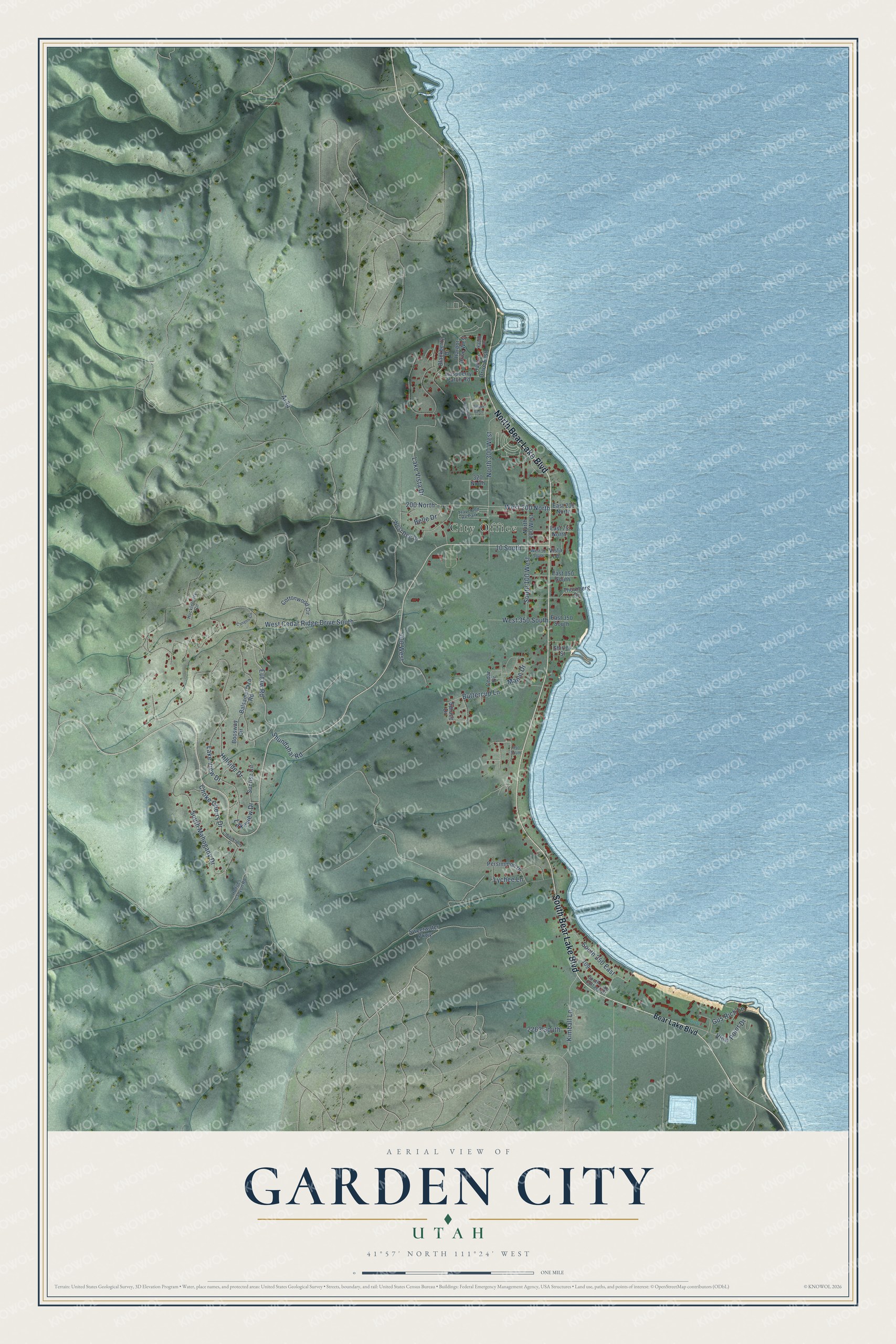 Full map of Garden City, Utah, with red buildings, printed street names and the land around them