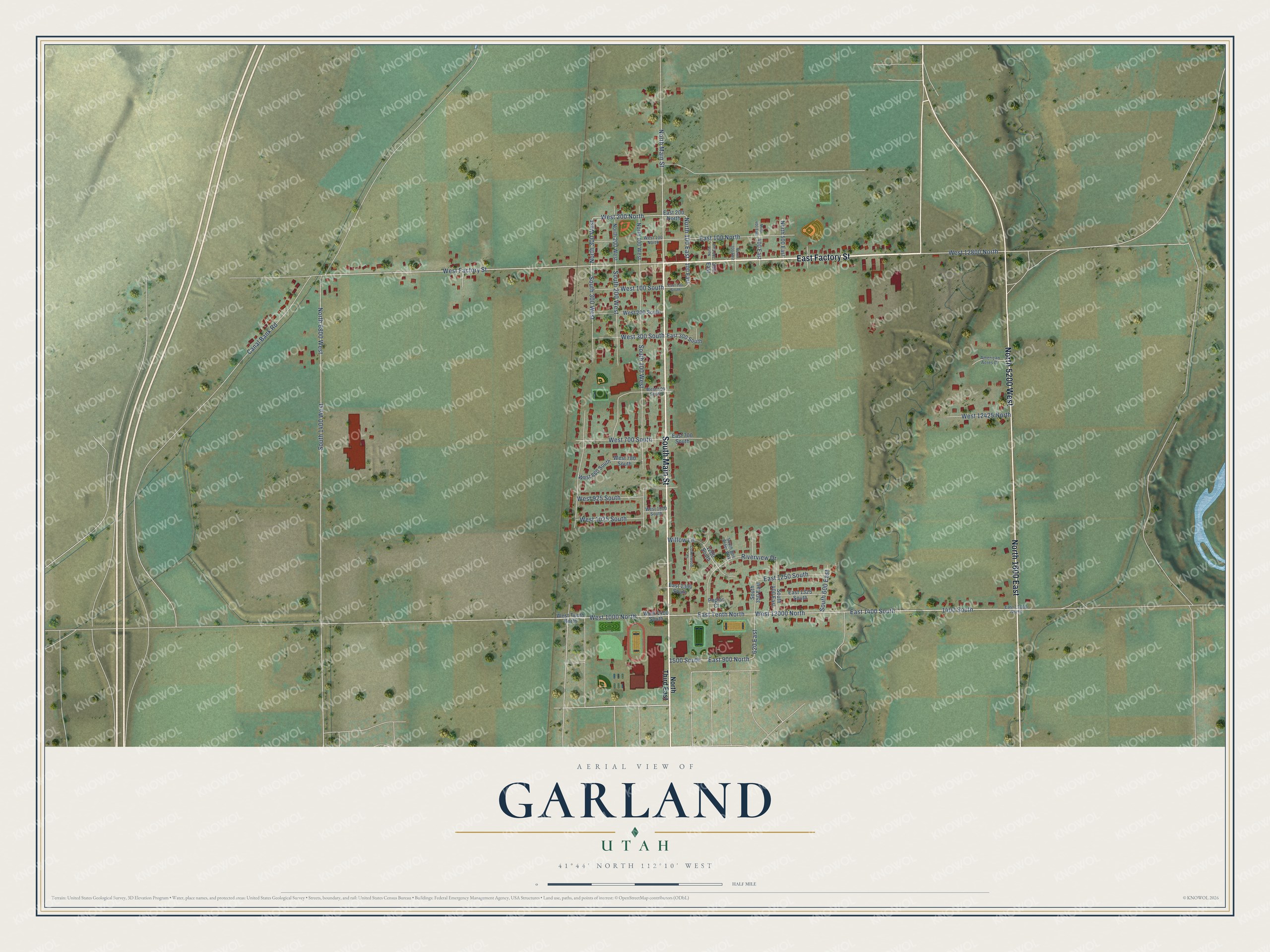 Full map of Garland, Utah, with red buildings, printed street names and the land around them