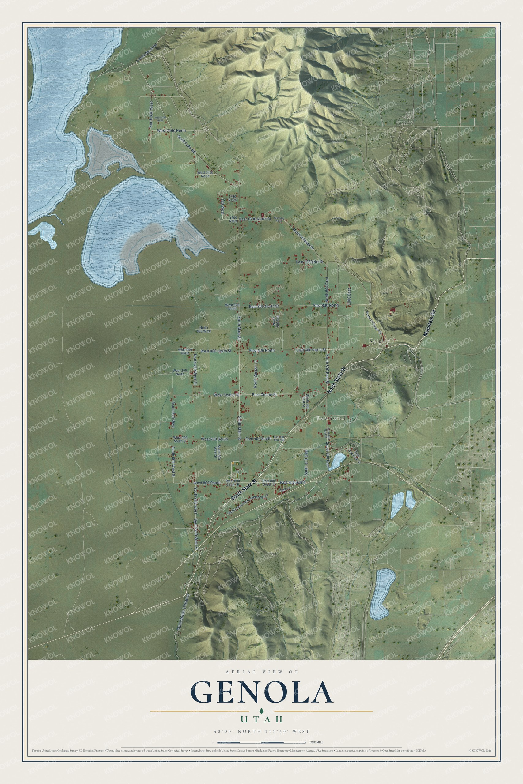 Full map of Genola, Utah, with red buildings, printed street names and the land around them