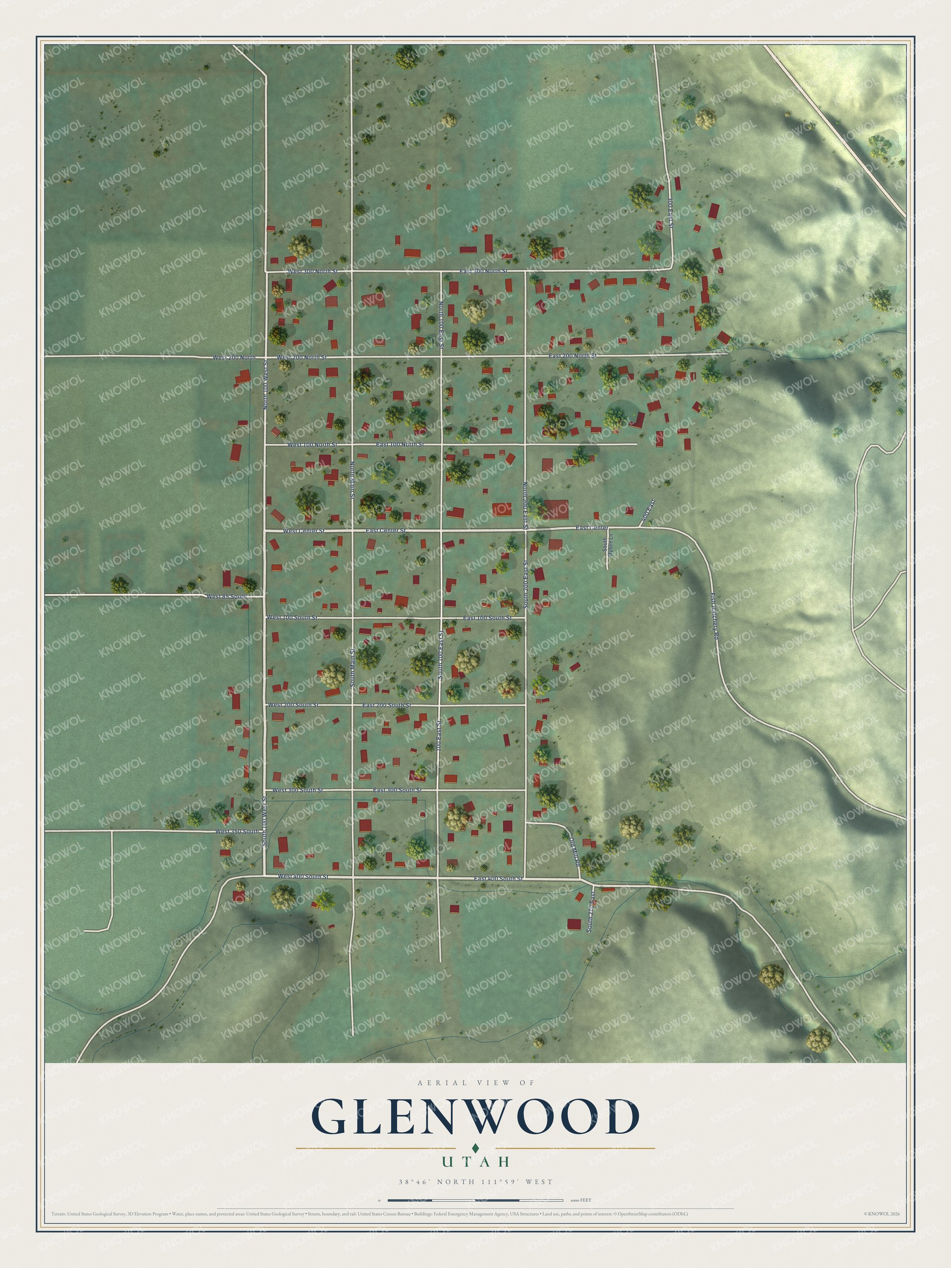 Full map of Glenwood, Utah, with red buildings, printed street names and the land around them