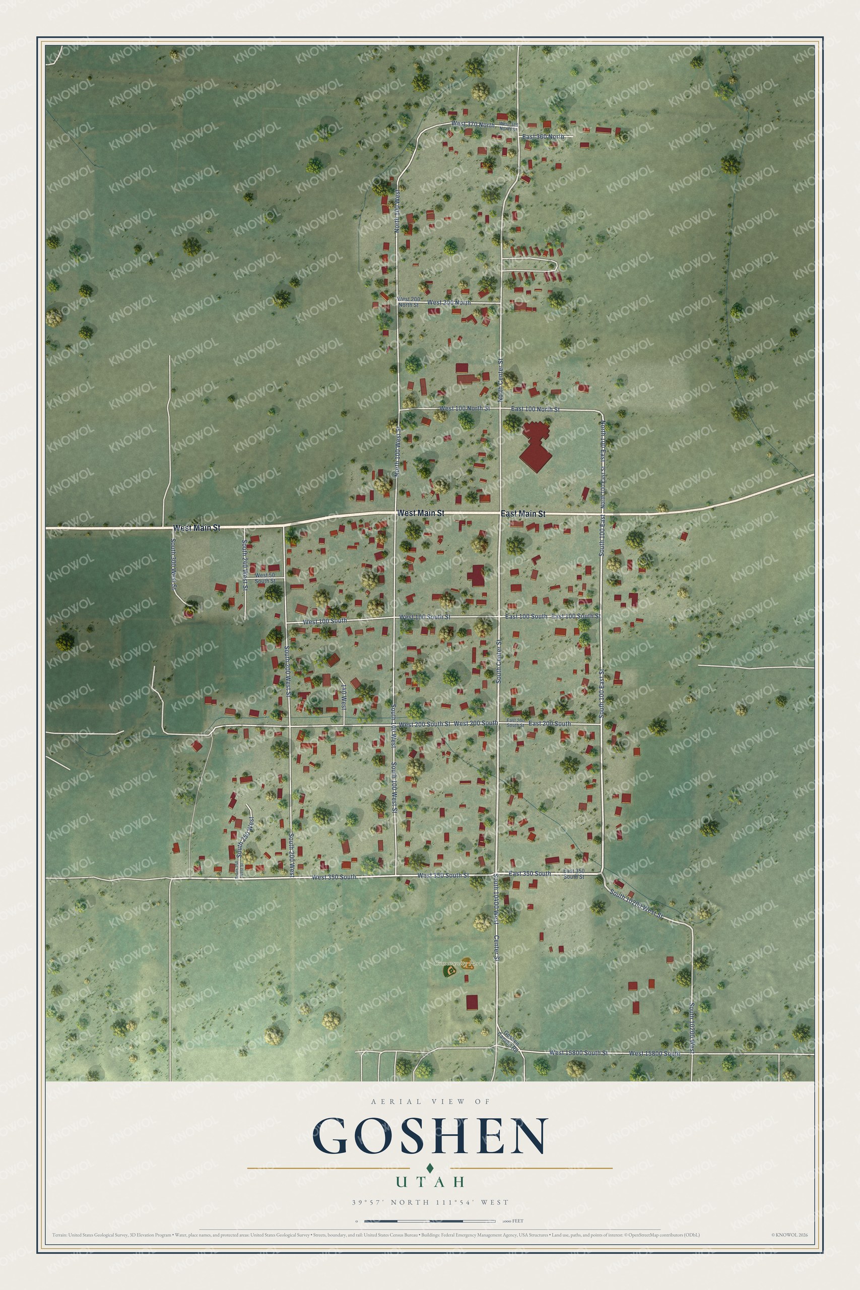 Full map of Goshen, Utah, with red buildings, printed street names and the land around them