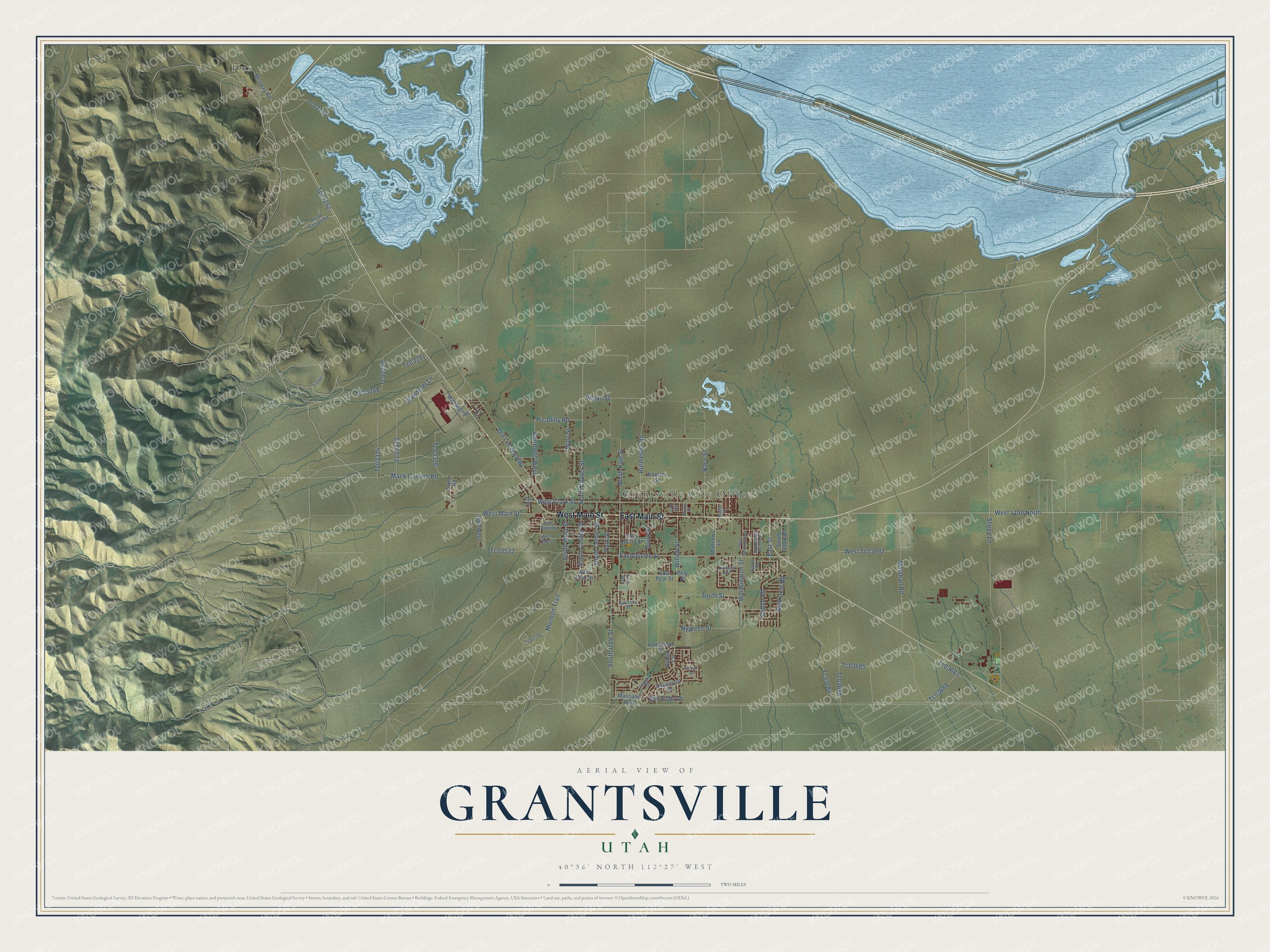 Full map of Grantsville, Utah, with red buildings, printed street names and the land around them