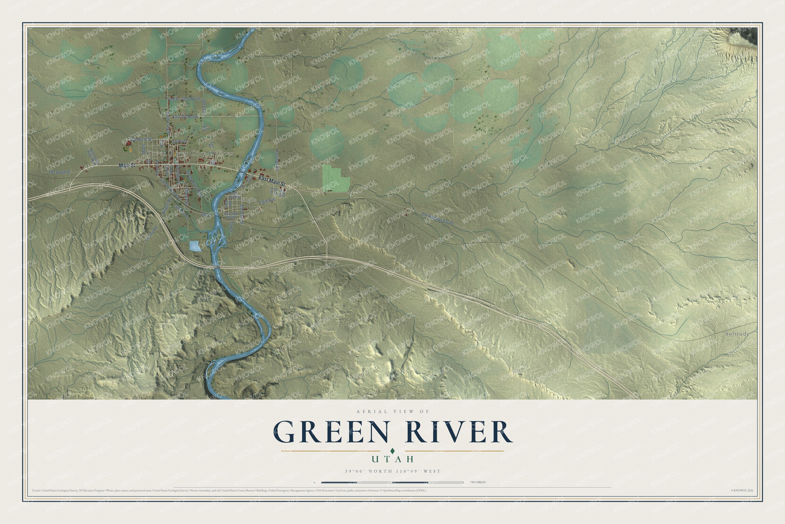 Full map of Green River, Utah, with red buildings, printed street names and the land around them