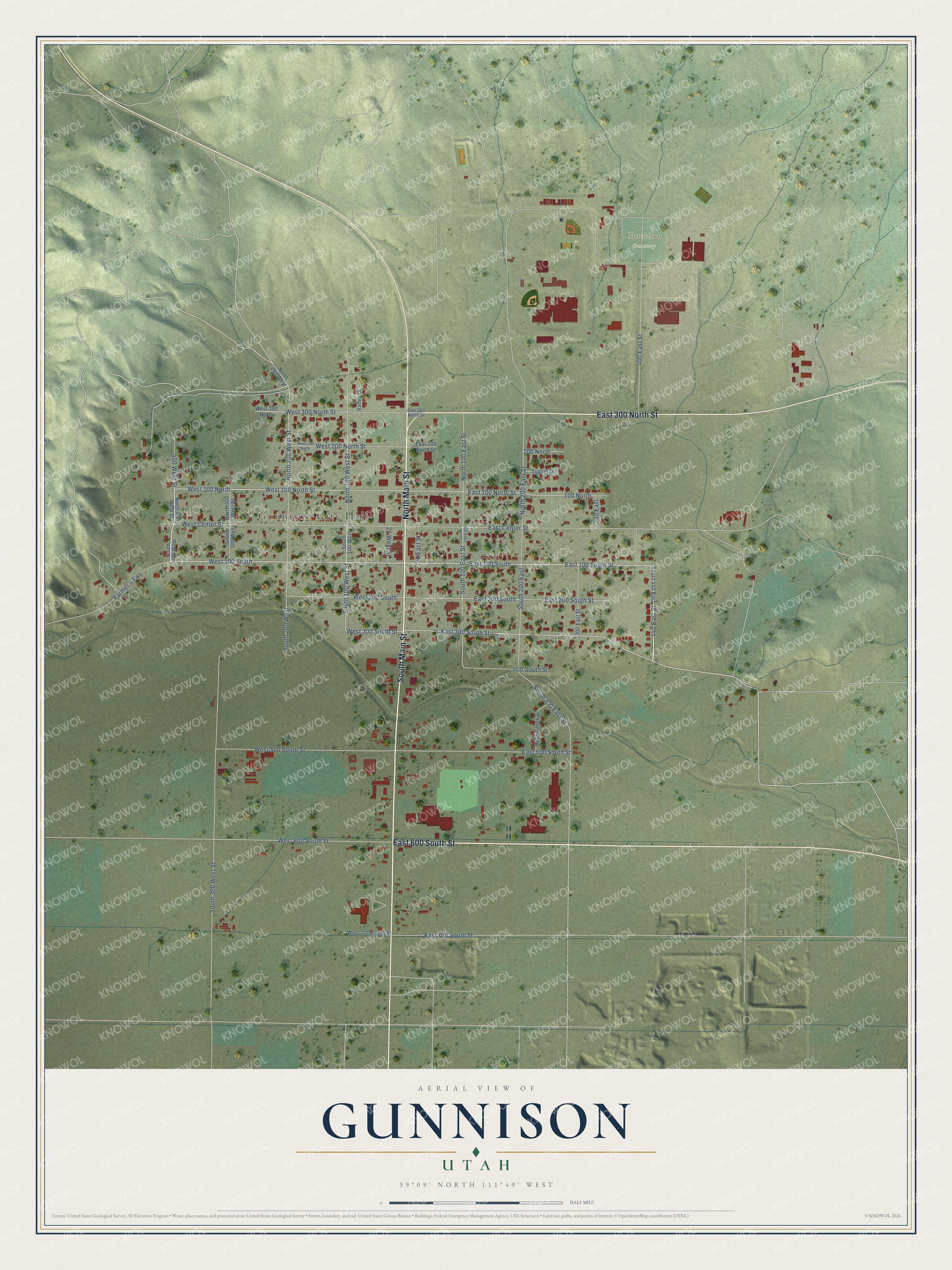 Full map of Gunnison, Utah, with red buildings, printed street names and the land around them