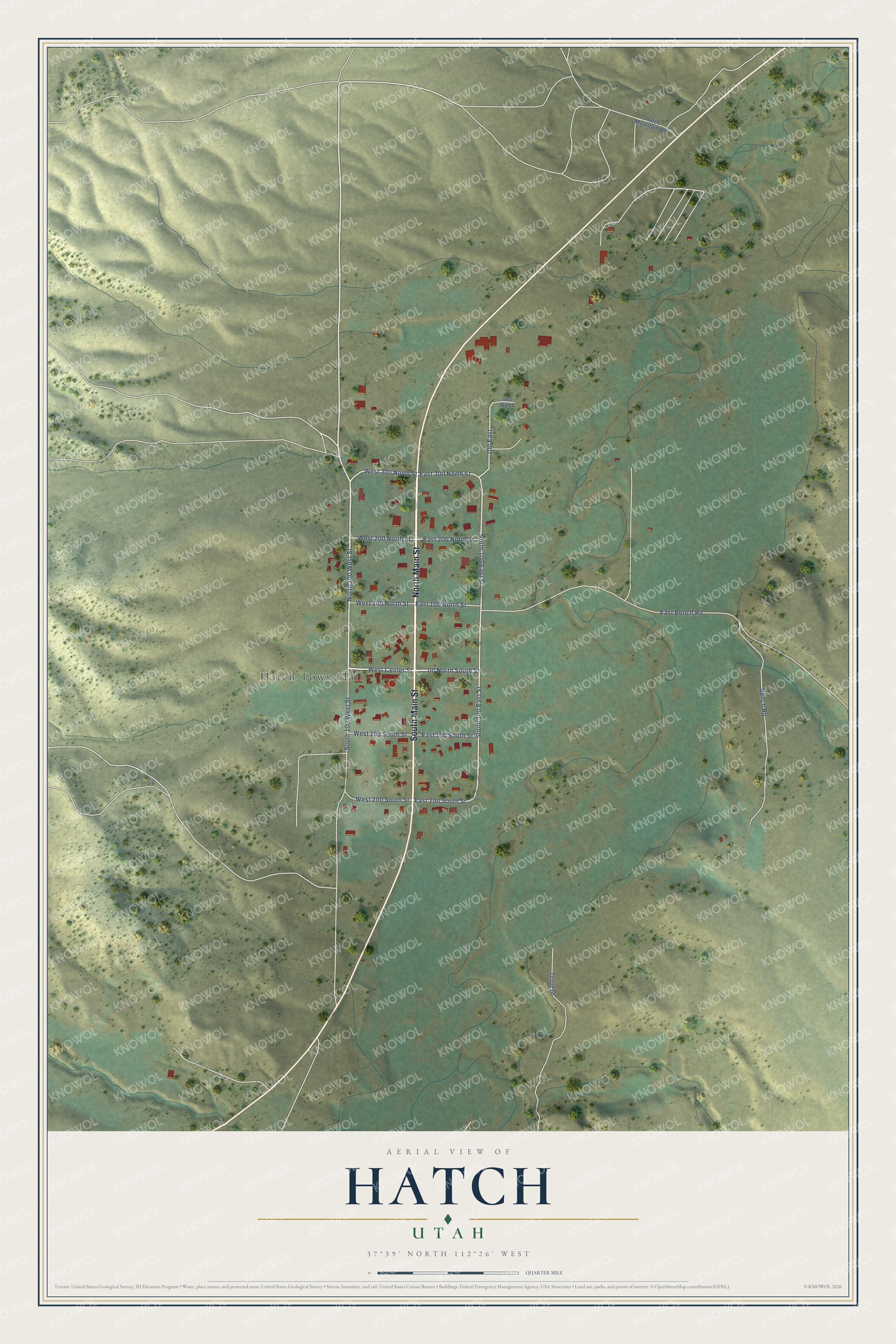 Full map of Hatch, Utah, with red buildings, printed street names and the land around them