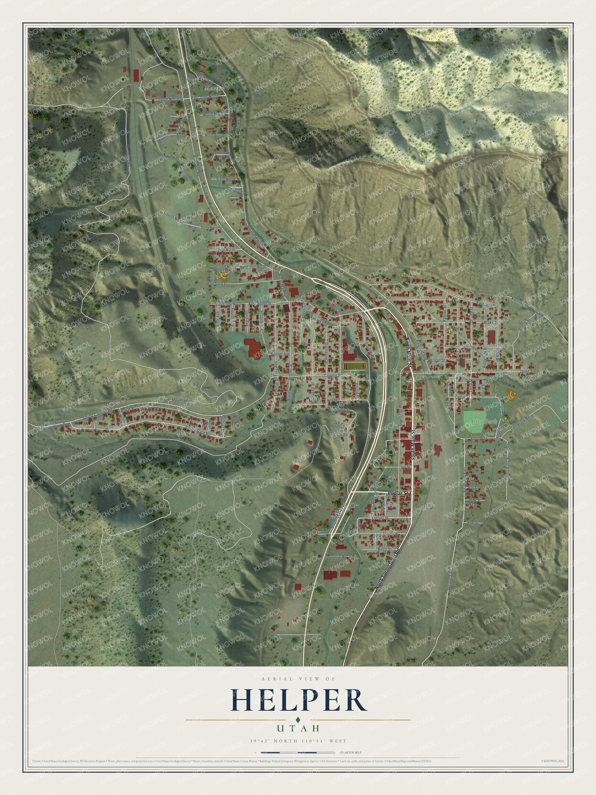 Full map of Helper, Utah, with red buildings, printed street names and the land around them