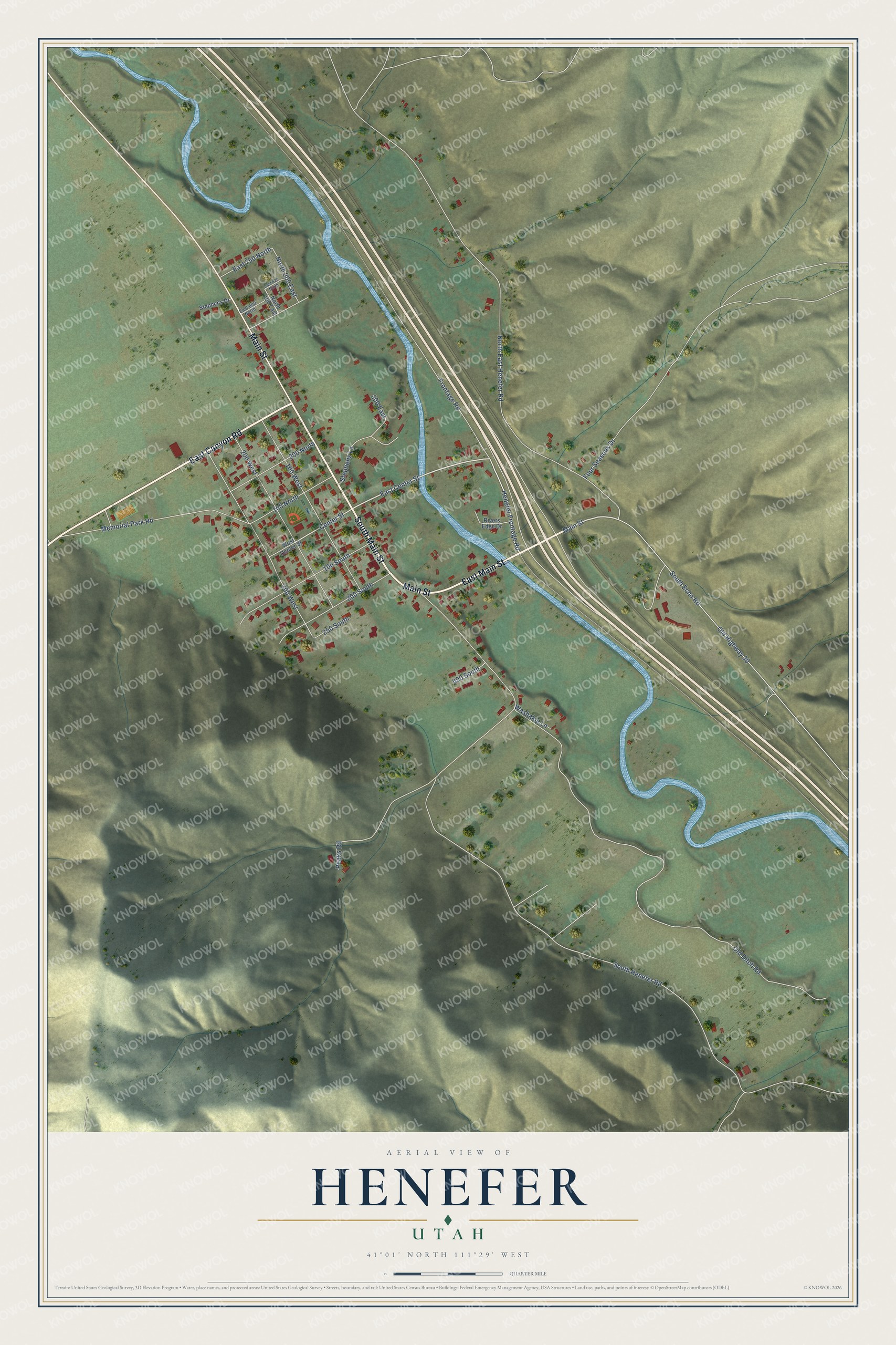 Full map of Henefer, Utah, with red buildings, printed street names and the land around them