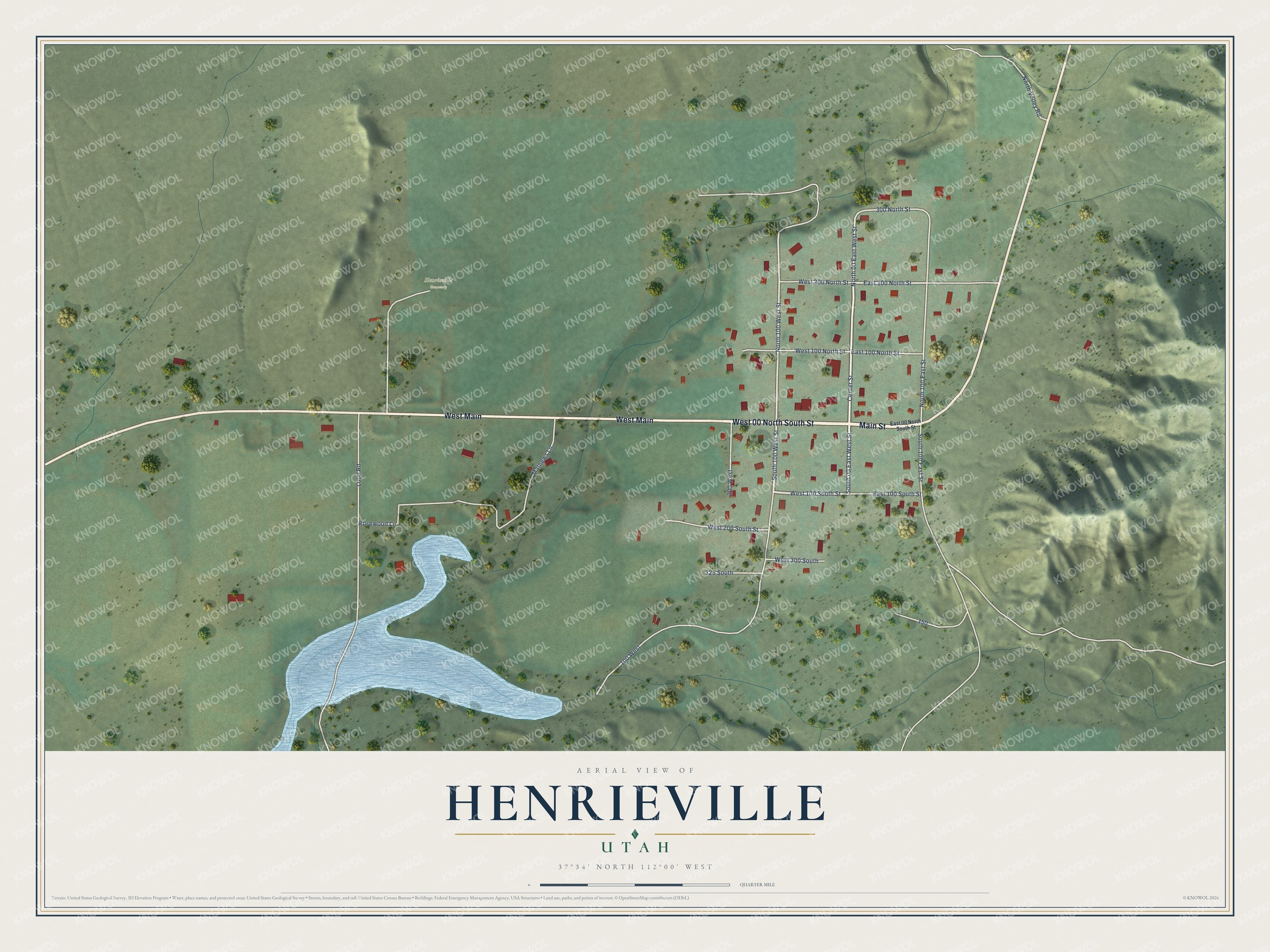 Full map of Henrieville, Utah, with red buildings, printed street names and the land around them