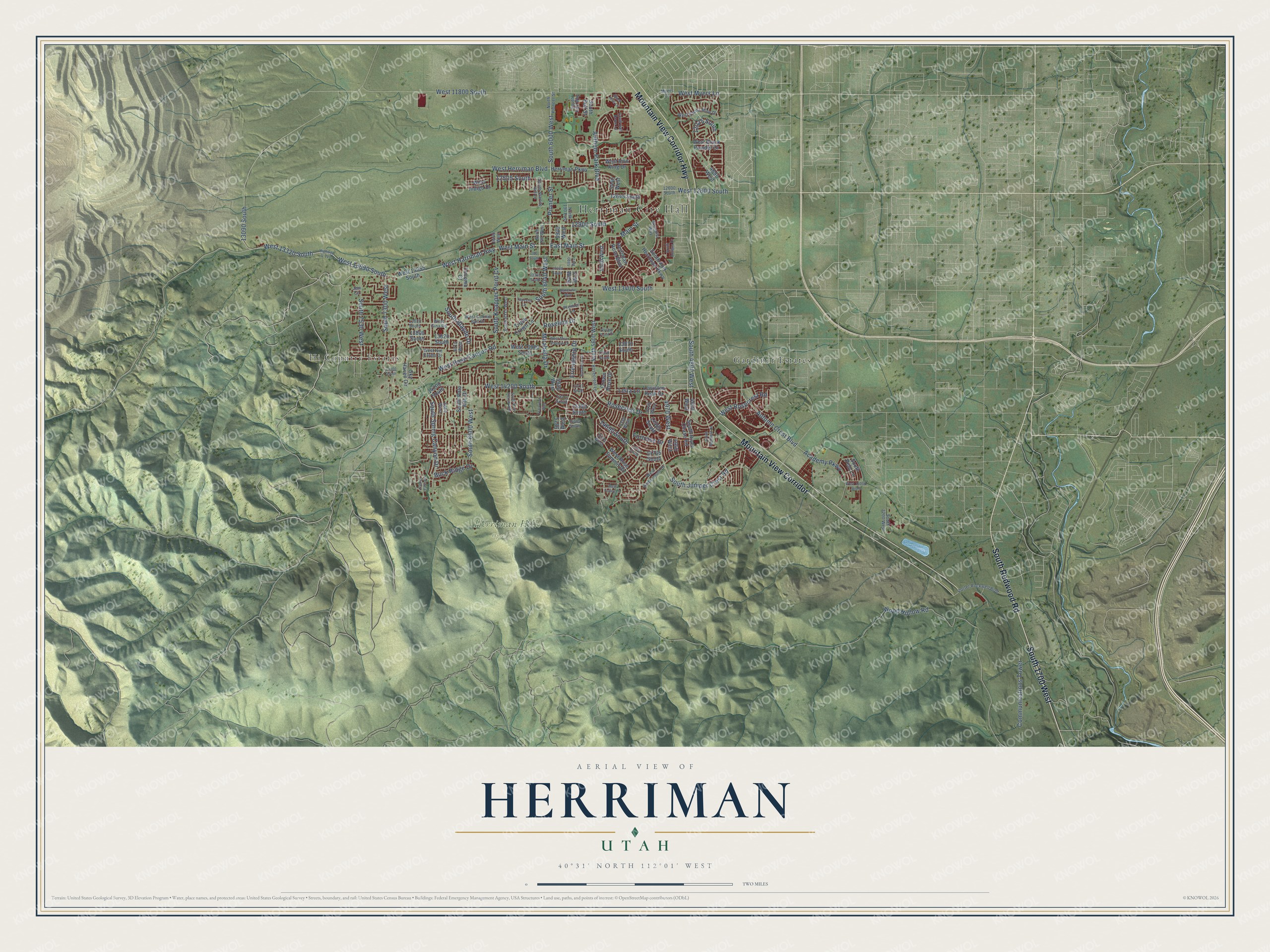 Full map of Herriman, Utah, with red buildings, printed street names and the land around them
