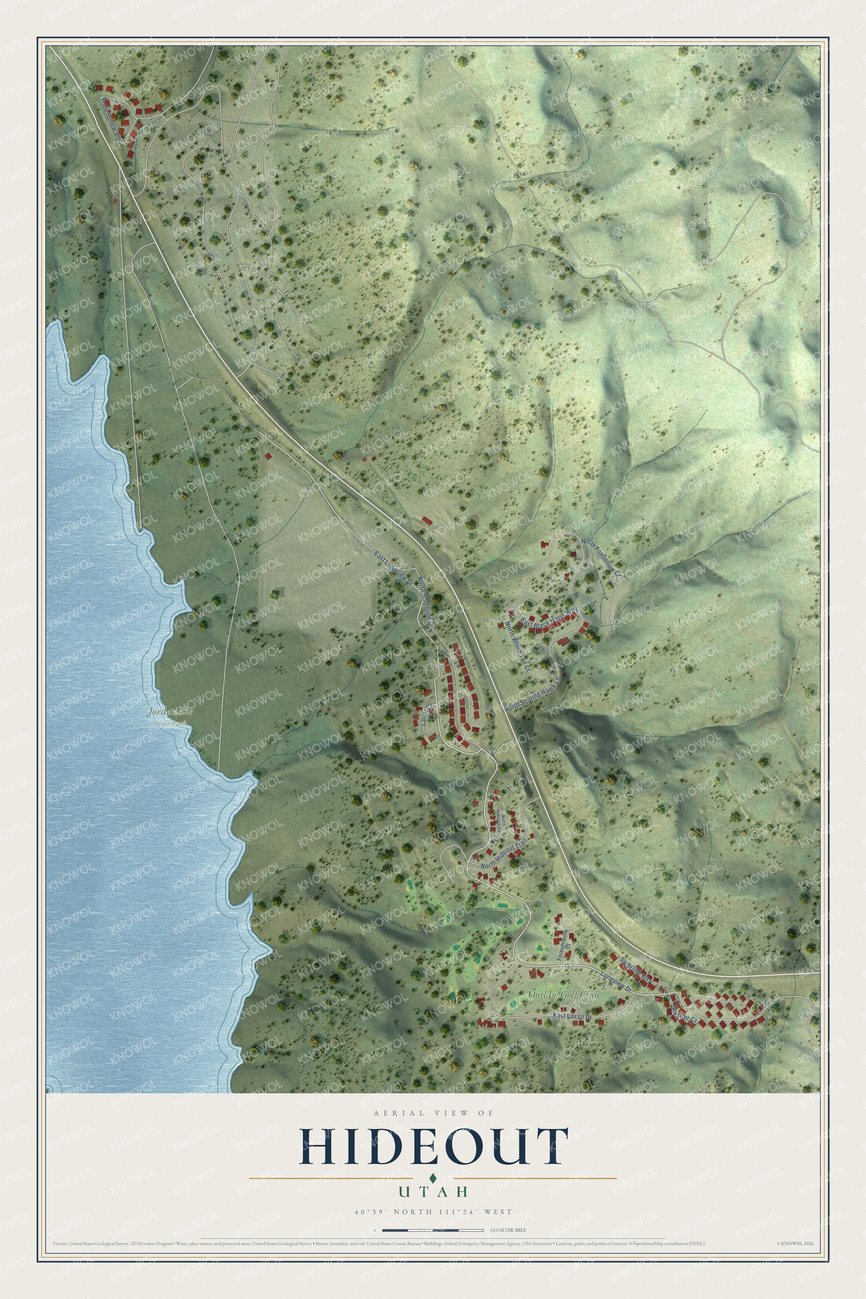 Full map of Hideout, Utah, with red buildings, printed street names and the land around them