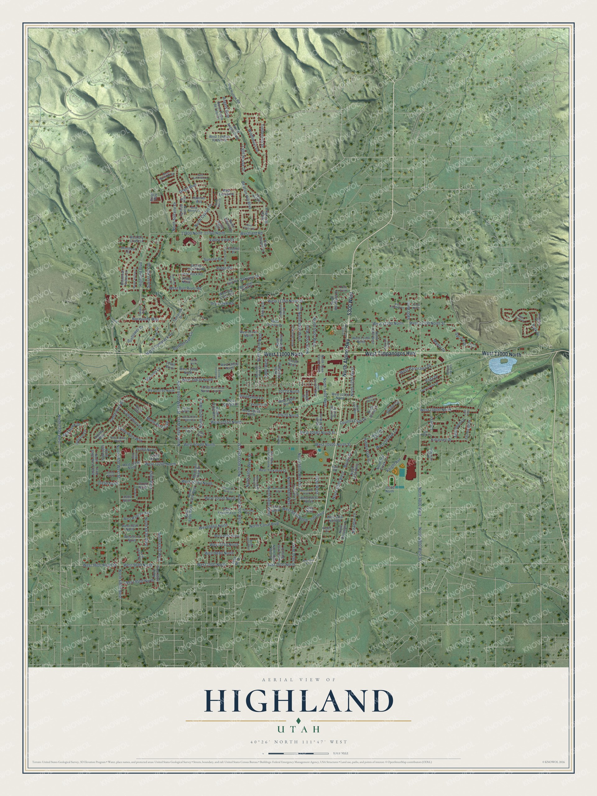 Full map of Highland, Utah, with red buildings, printed street names and the land around them