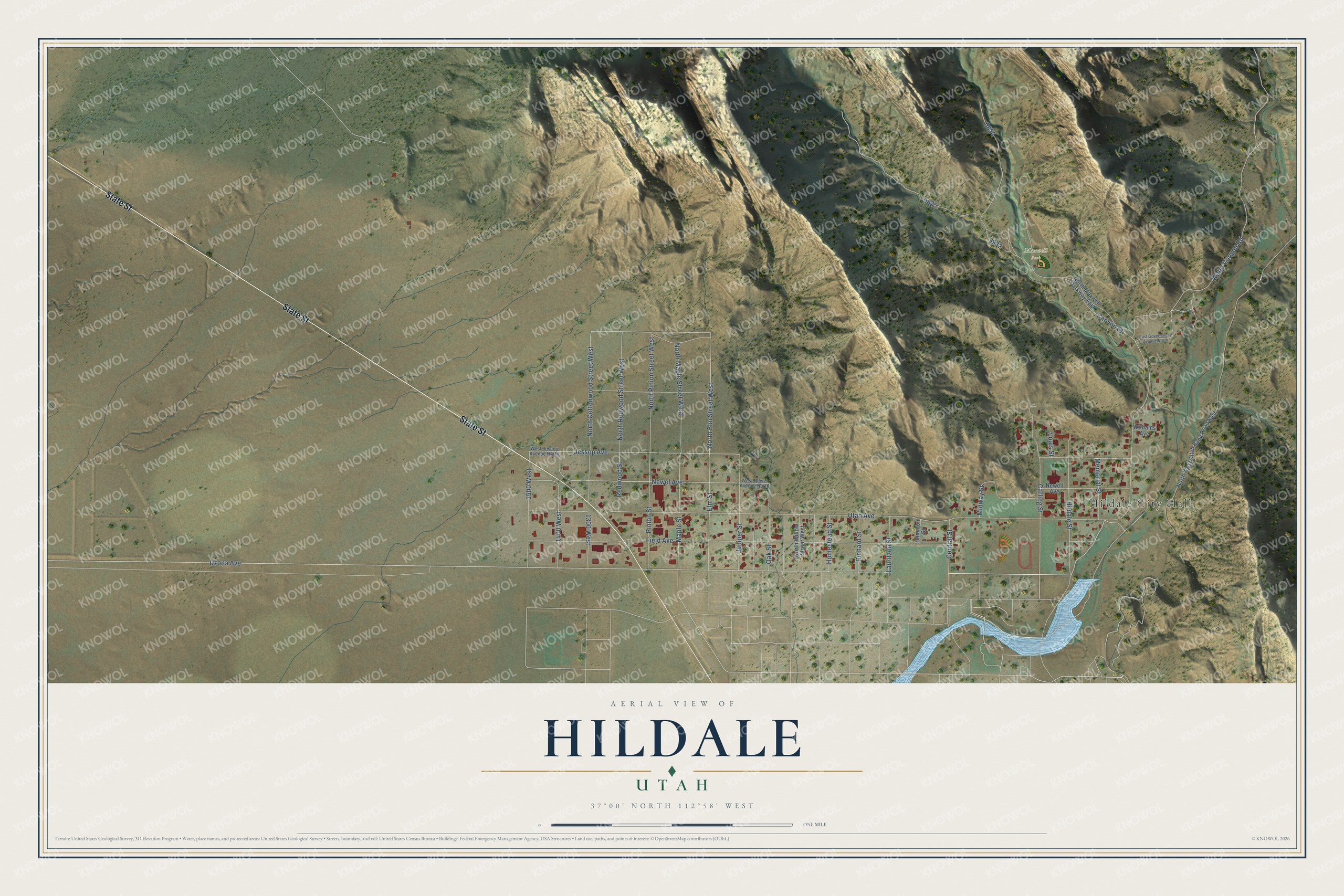 Full map of Hildale, Utah, with red buildings, printed street names and the land around them