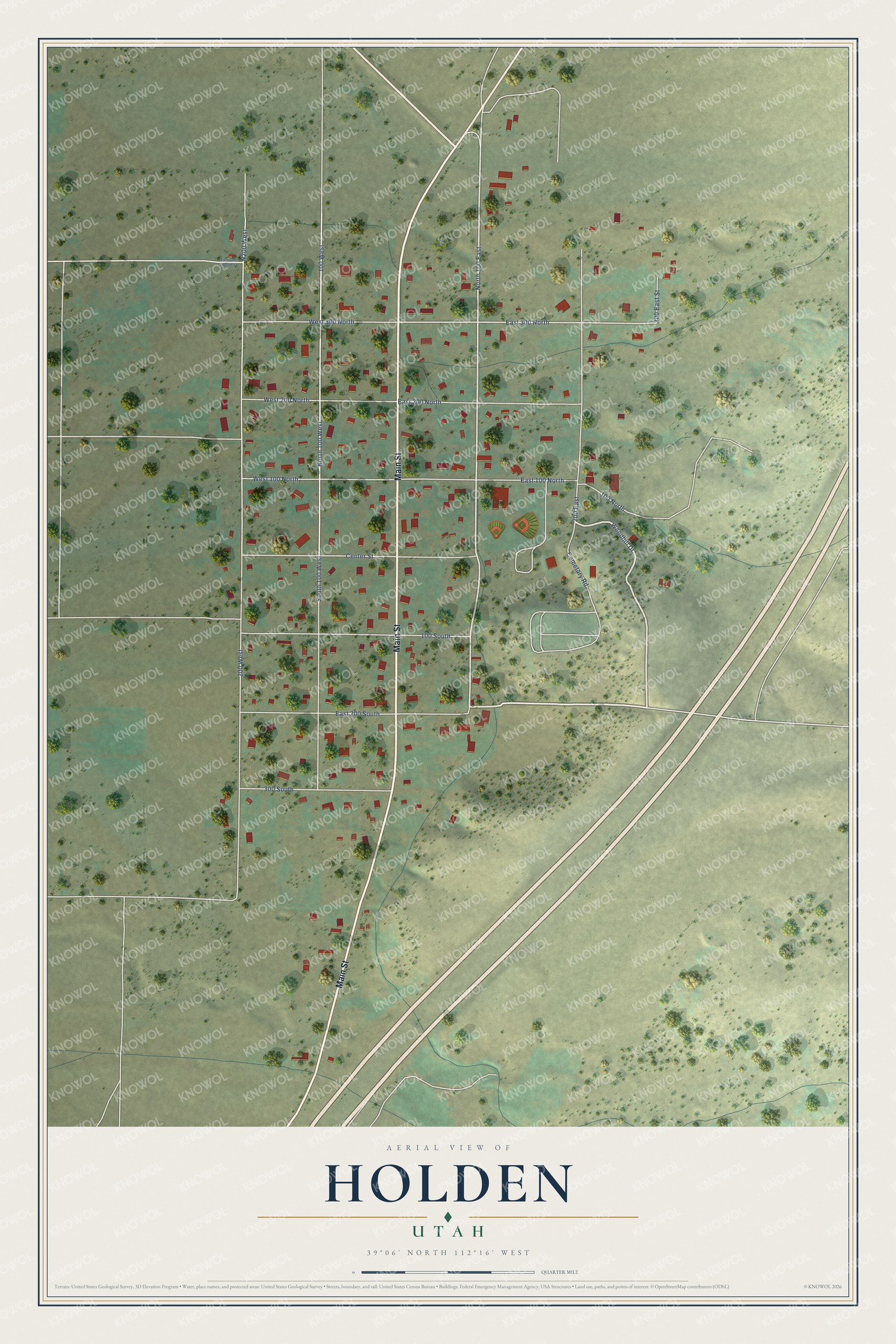Full map of Holden, Utah, with red buildings, printed street names and the land around them