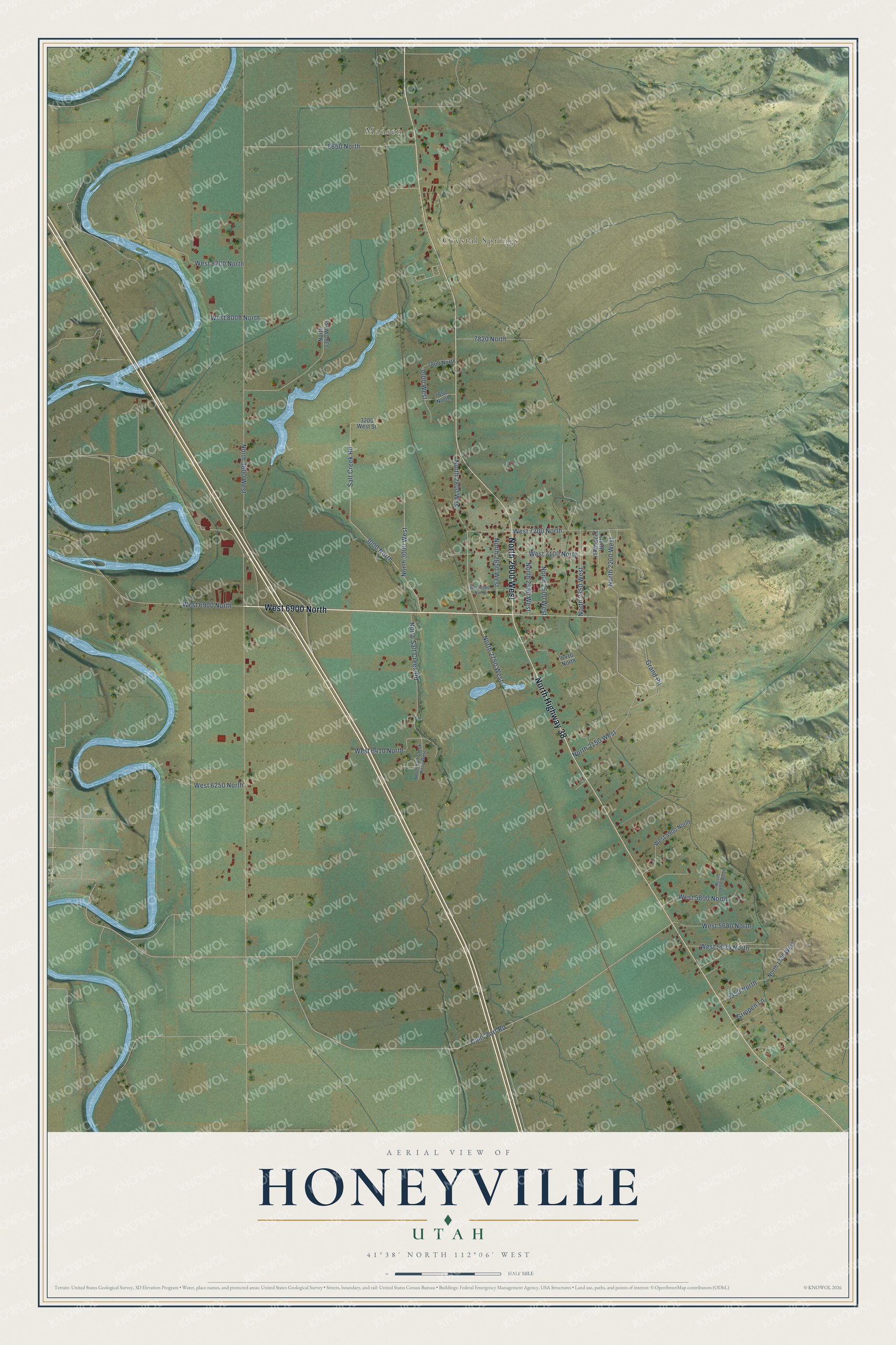 Full map of Honeyville, Utah, with red buildings, printed street names and the land around them