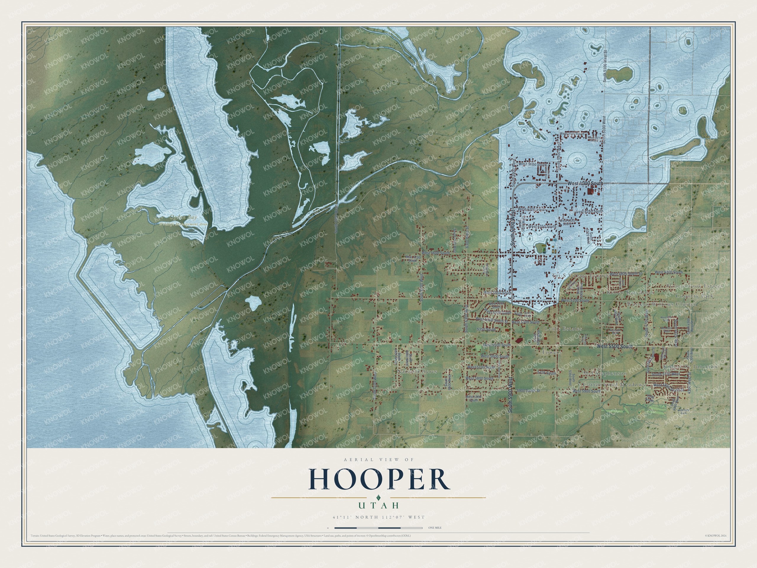 Full map of Hooper, Utah, with red buildings, printed street names and the land around them