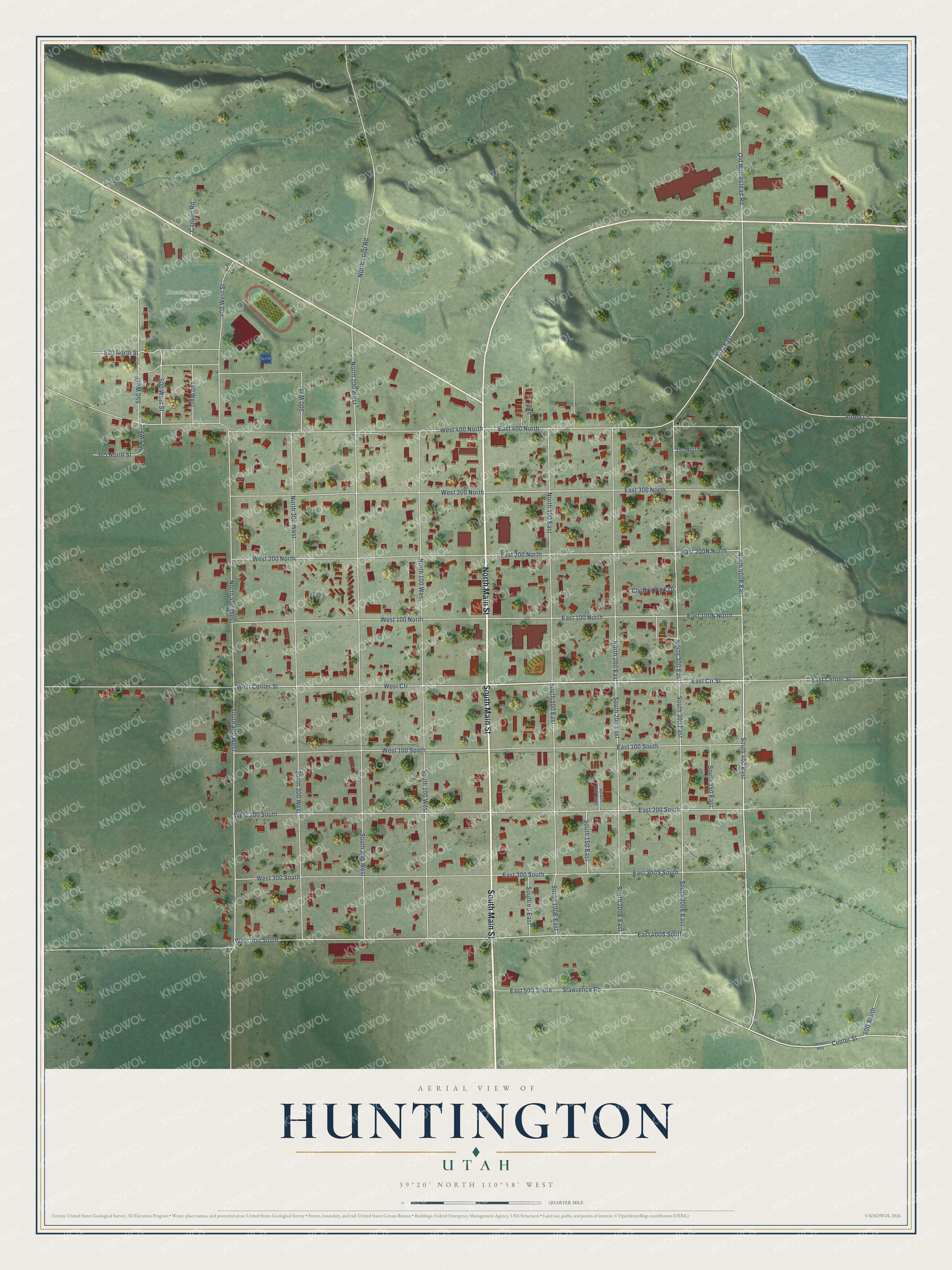 Full map of Huntington, Utah, with red buildings, printed street names and the land around them