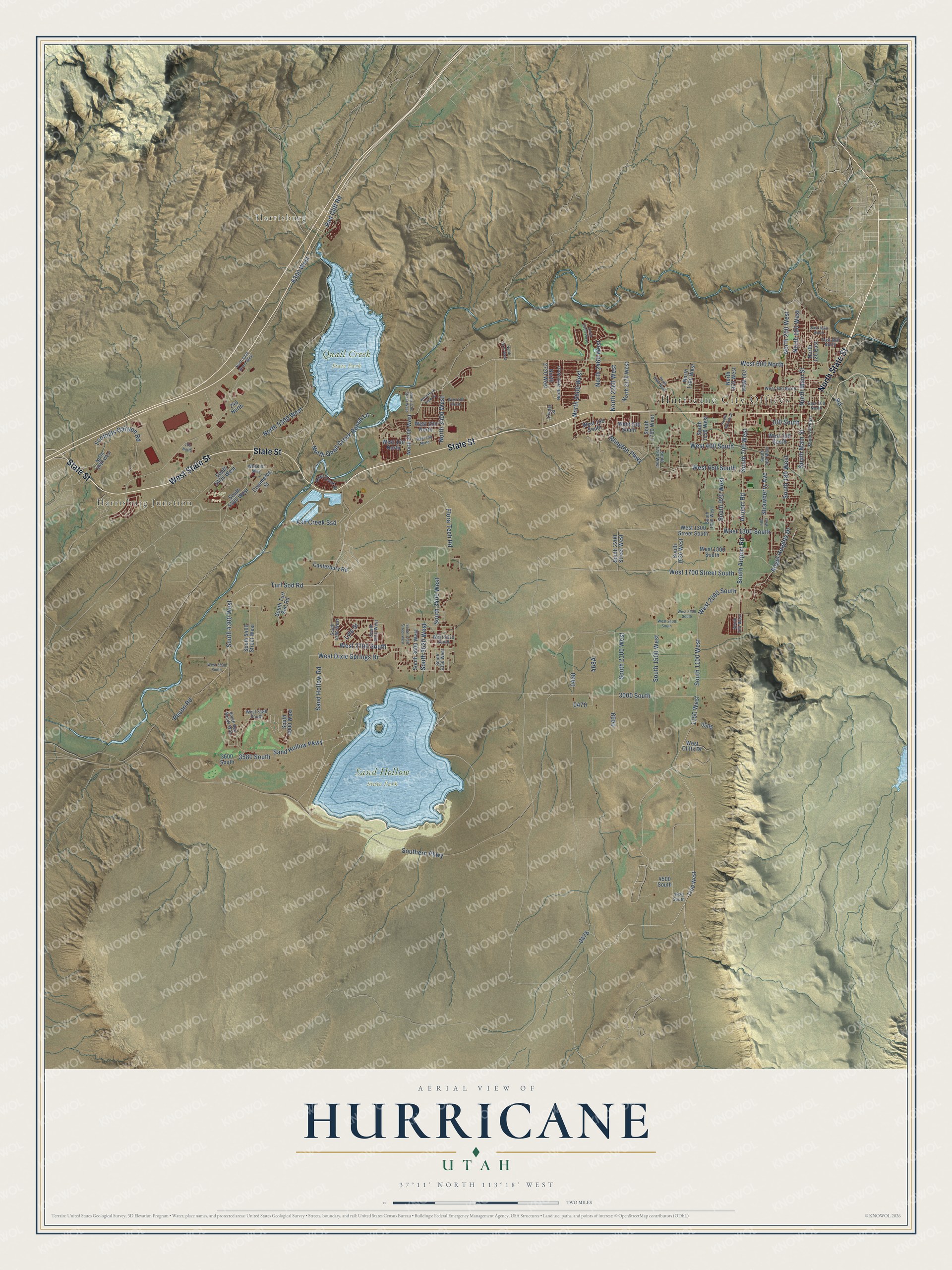 Full map of Hurricane, Utah, with red buildings, printed street names and the land around them