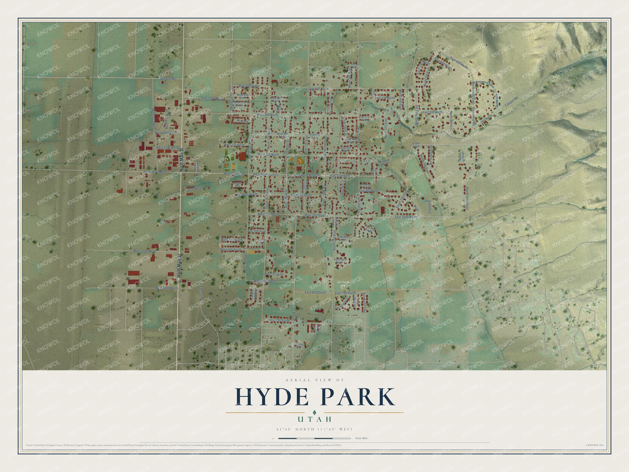 Full map of Hyde Park, Utah, with red buildings, printed street names and the land around them