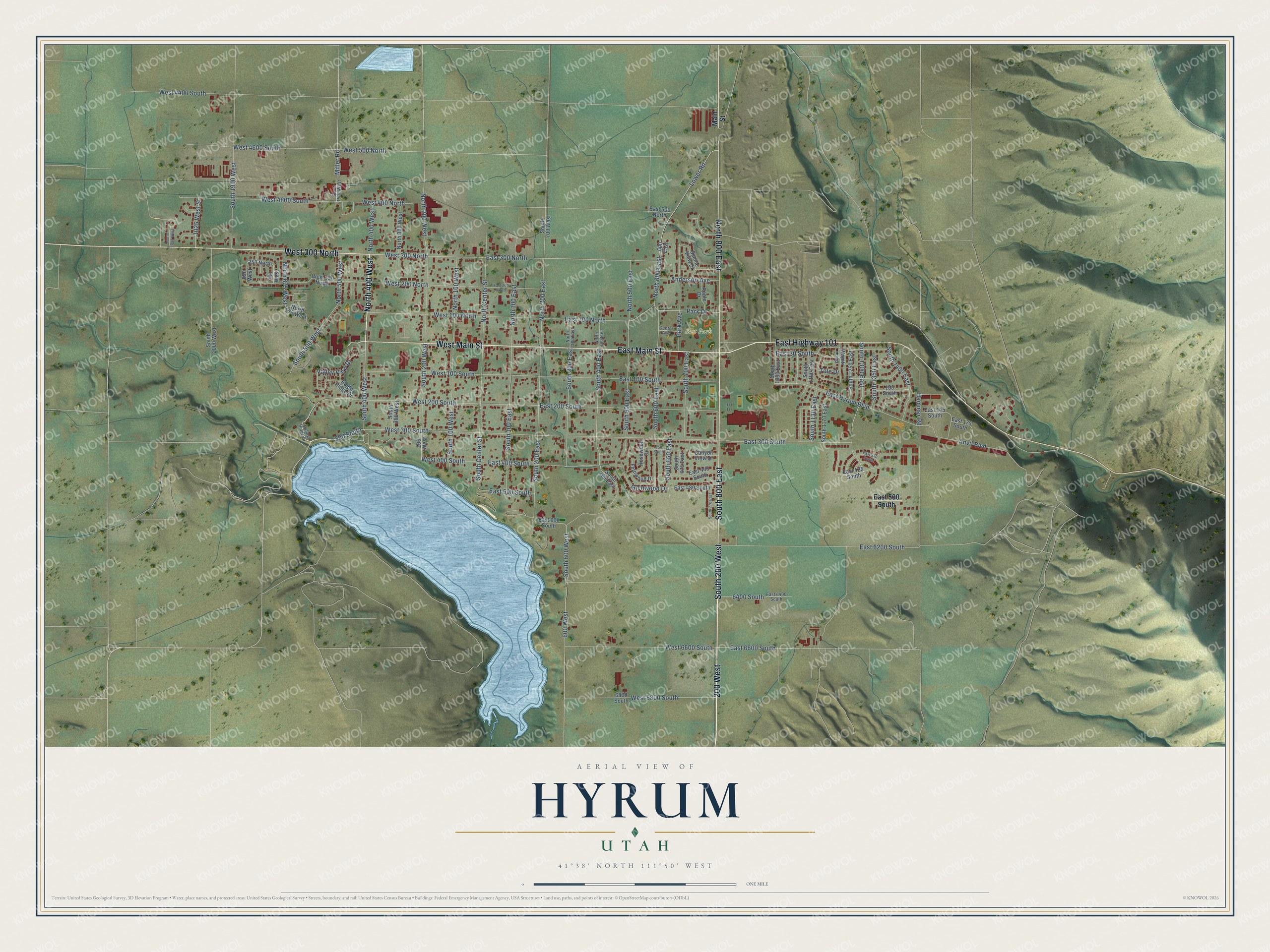 Full map of Hyrum, Utah, with red buildings, printed street names and the land around them