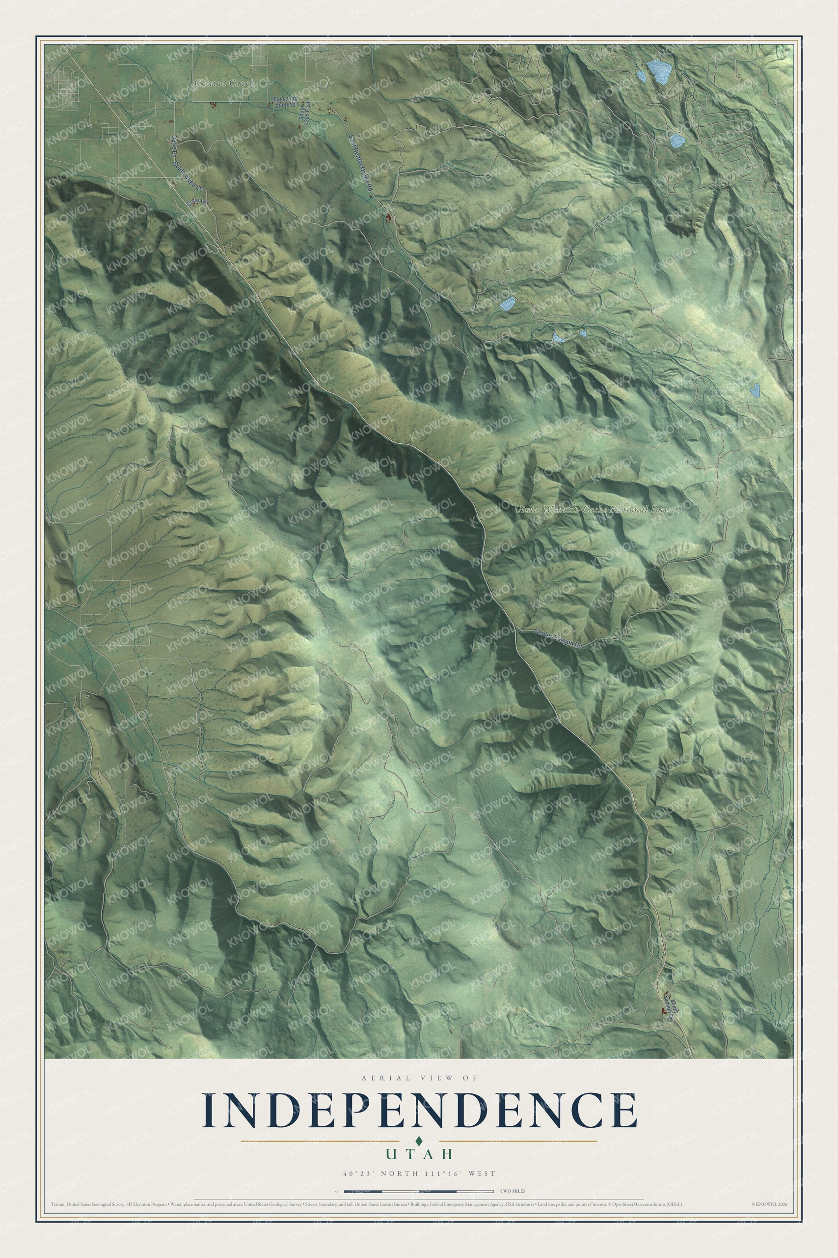 Full map of Independence, Utah, with red buildings, printed street names and the land around them
