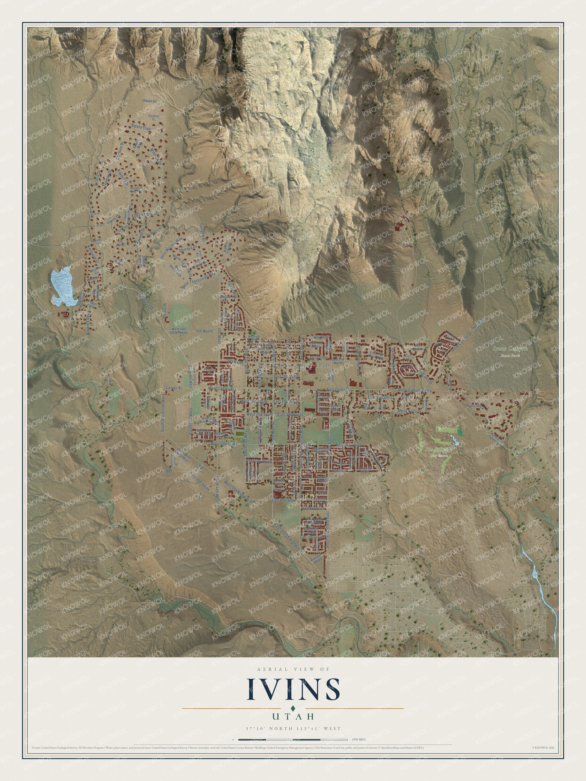 Full map of Ivins, Utah, with red buildings, printed street names and the land around them