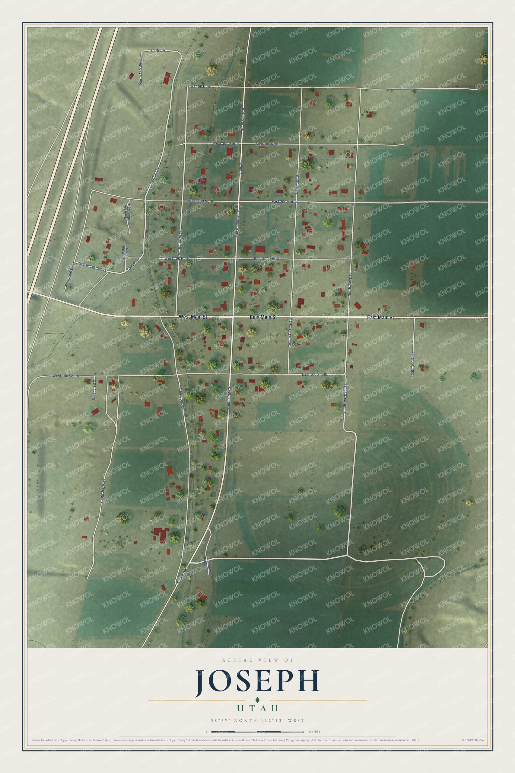 Full map of Joseph, Utah, with red buildings, printed street names and the land around them