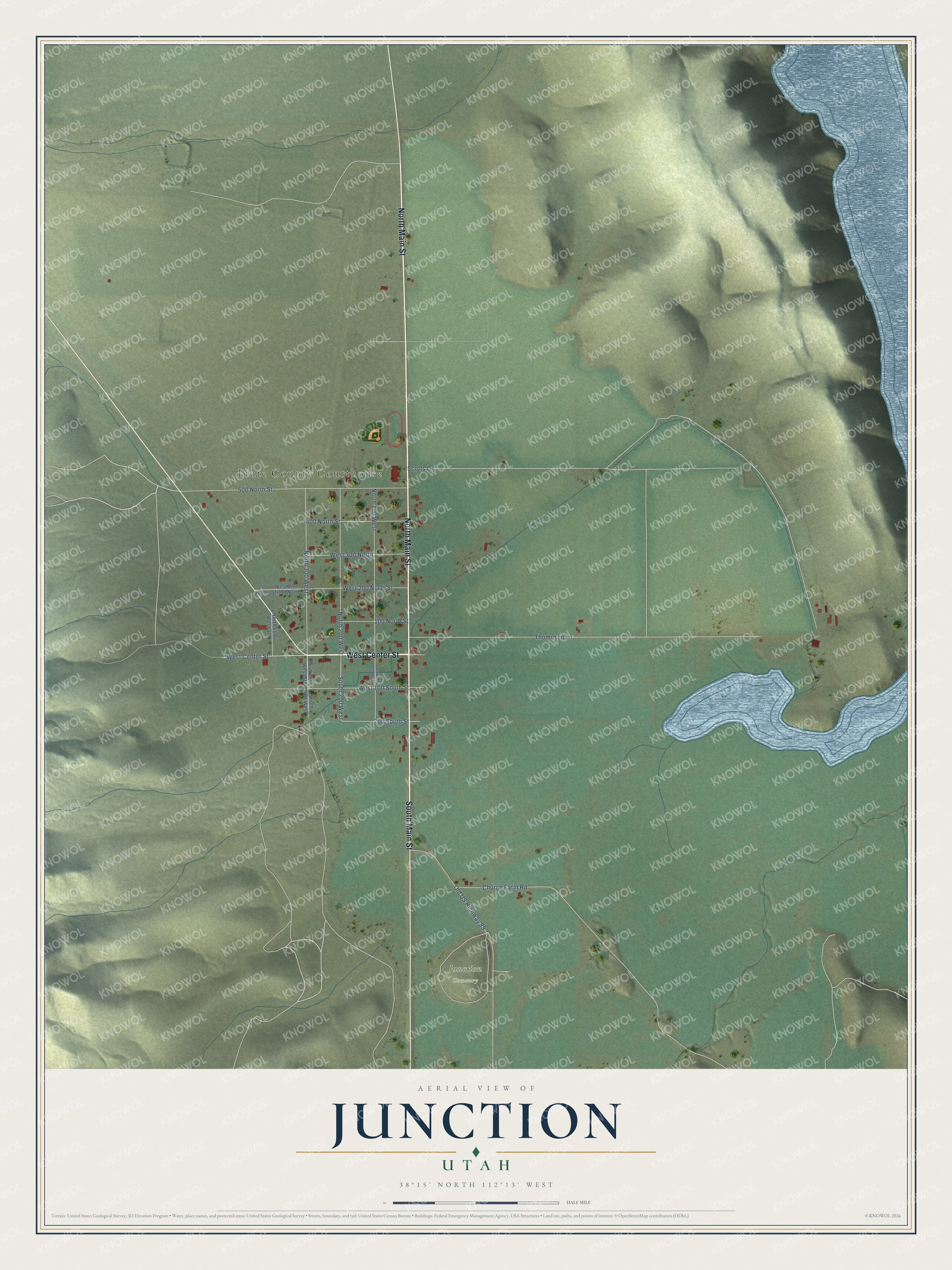 Full map of Junction, Utah, with red buildings, printed street names and the land around them