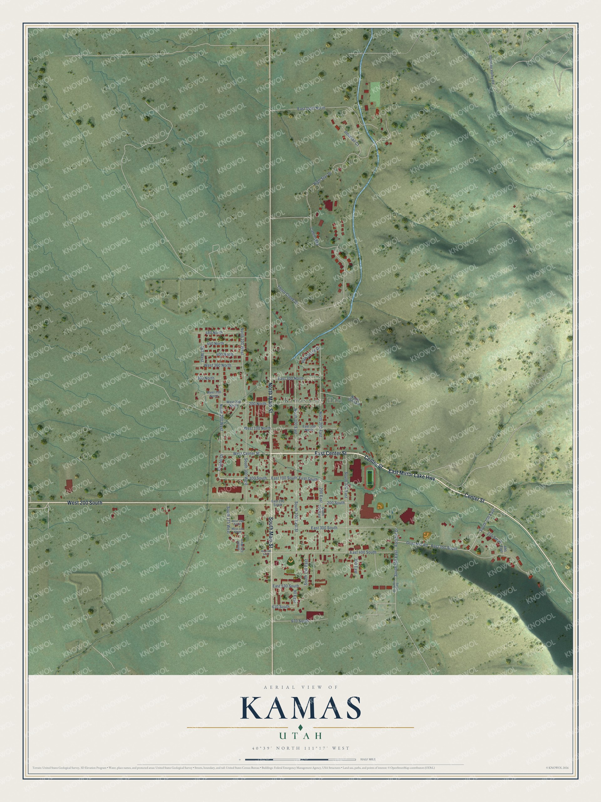 Full map of Kamas, Utah, with red buildings, printed street names and the land around them