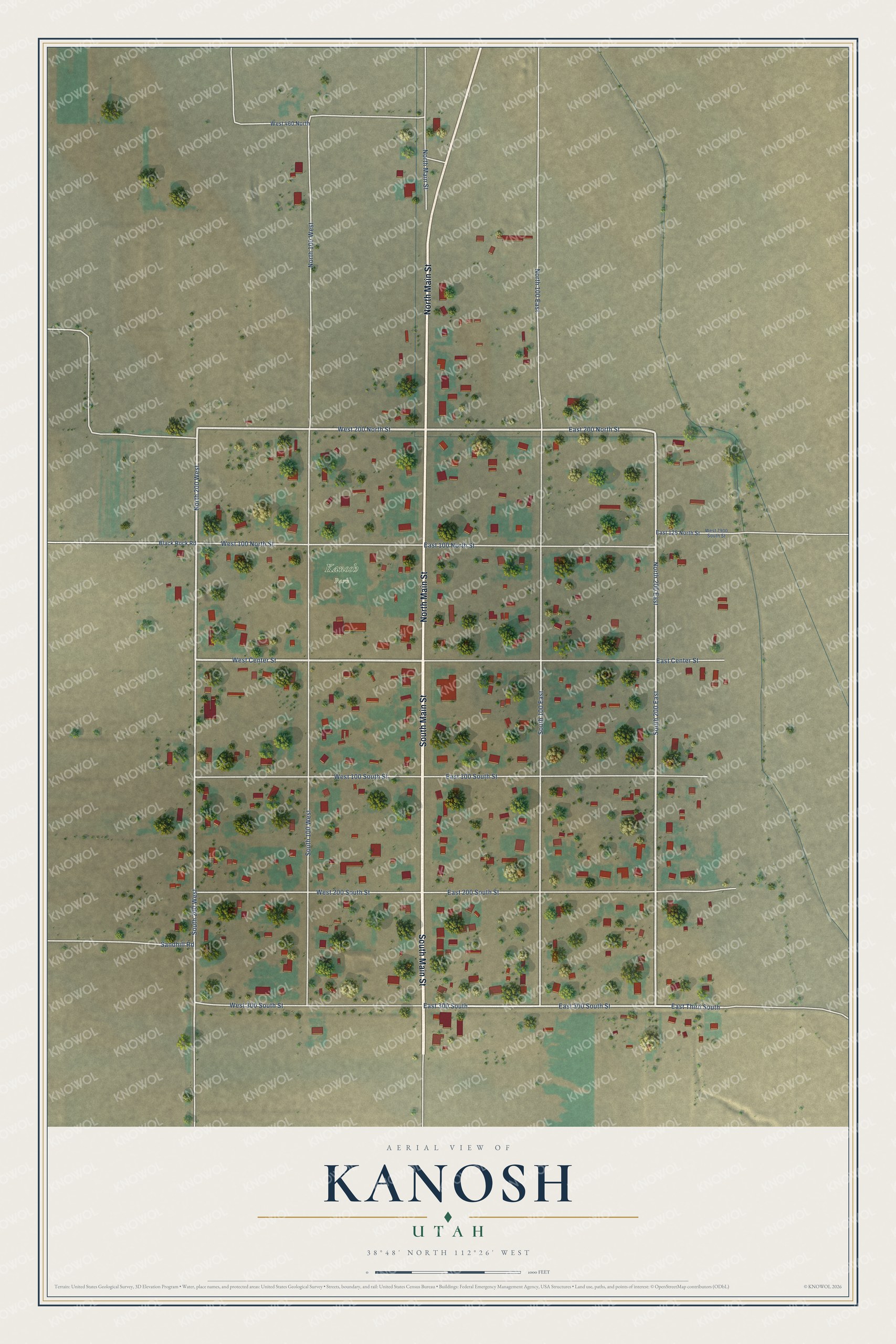 Full map of Kanosh, Utah, with red buildings, printed street names and the land around them
