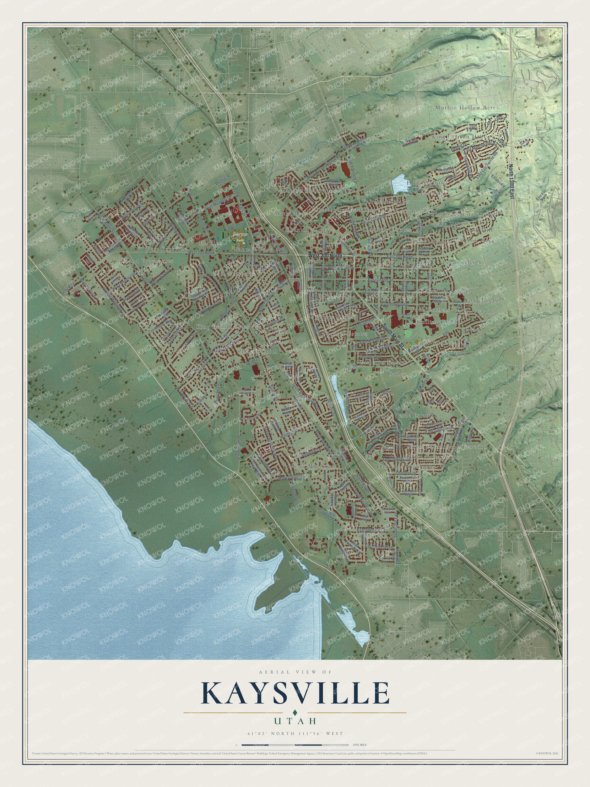 Full map of Kaysville, Utah, with red buildings, printed street names and the land around them