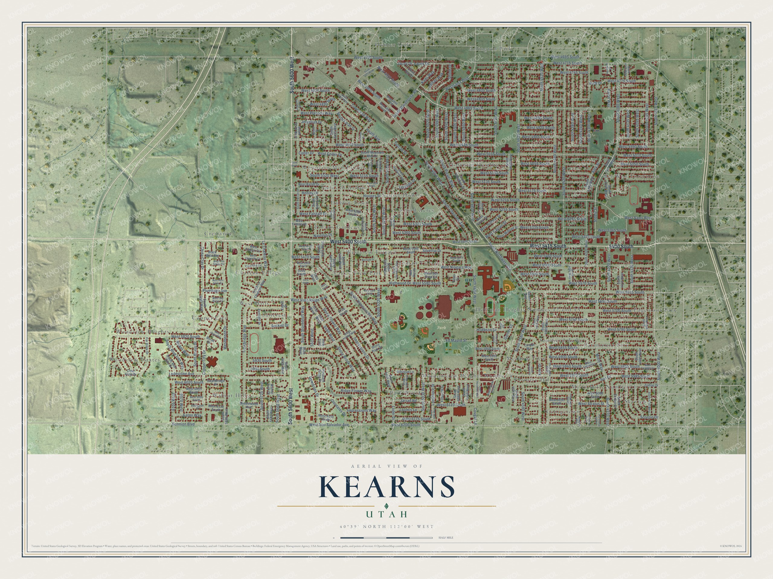 Full map of Kearns, Utah, with red buildings, printed street names and the land around them