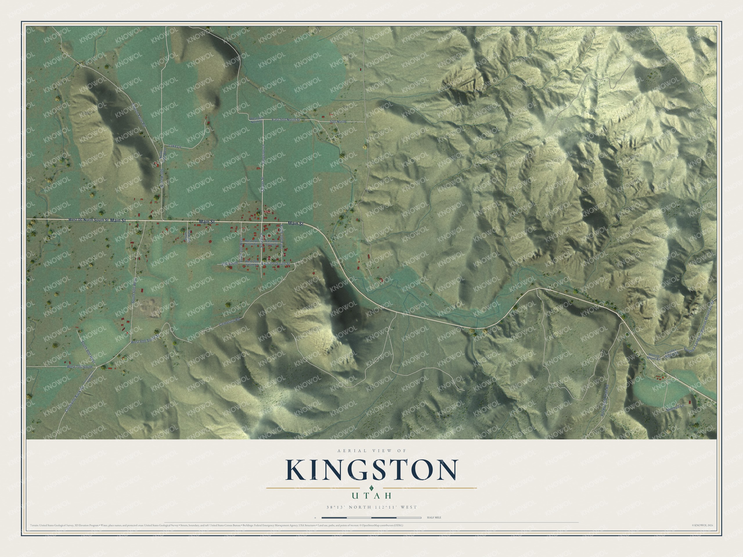 Full map of Kingston, Utah, with red buildings, printed street names and the land around them